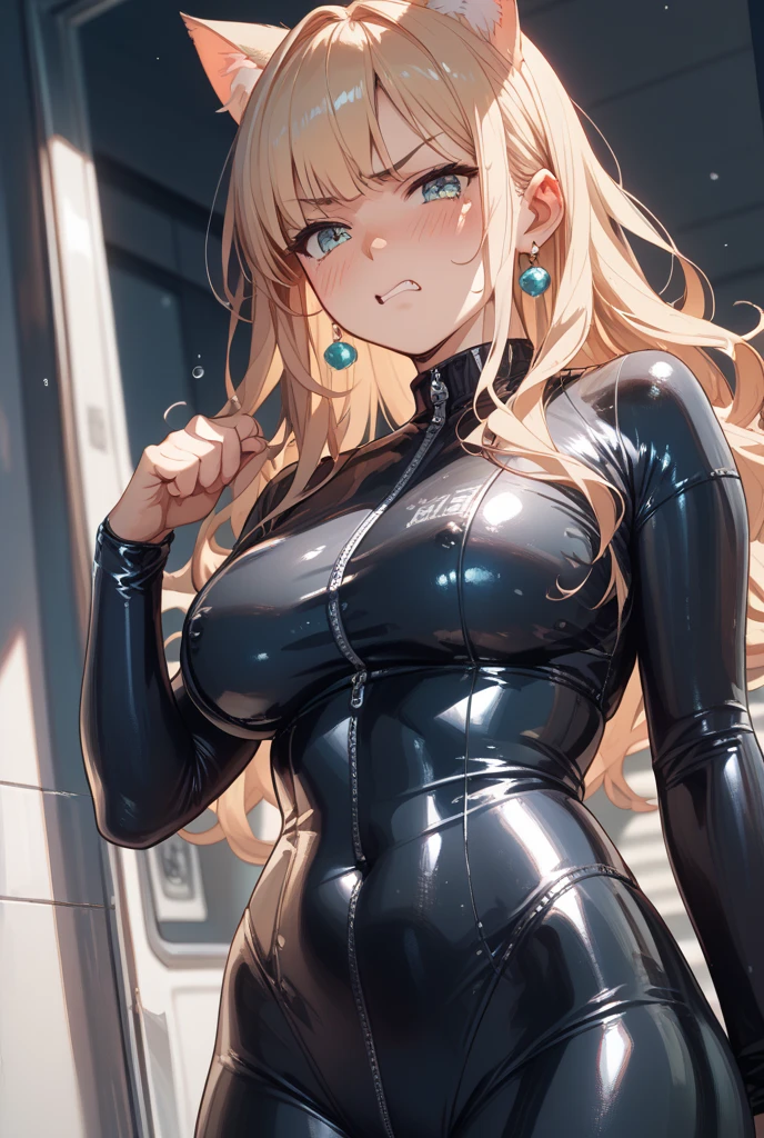 masterpiece, (bestquality), highlydetailed, ultra-detailed, mature female,milf,(blonde hair:1.5),(wavy hair:1.5),(big curls:1.2),(long hair:1.2),(ample bosom:1.2),(blindfolded:1.2),(alluring:1.2),(French woman:1.2),dark, intense shadows, in a locker room, (swimsuit:0.9), (skintight), (sleek design), (high-cut), (strappy), (color:black), (glossy fabric), (sporty), (competitive), (water droplets), (athletic pose), (wet hair), (confident expression), (pool:0.8), (underwater:0.7), (swimming goggles), (pool tiles), (diving blocks), (swimming pool lanes:0.8)