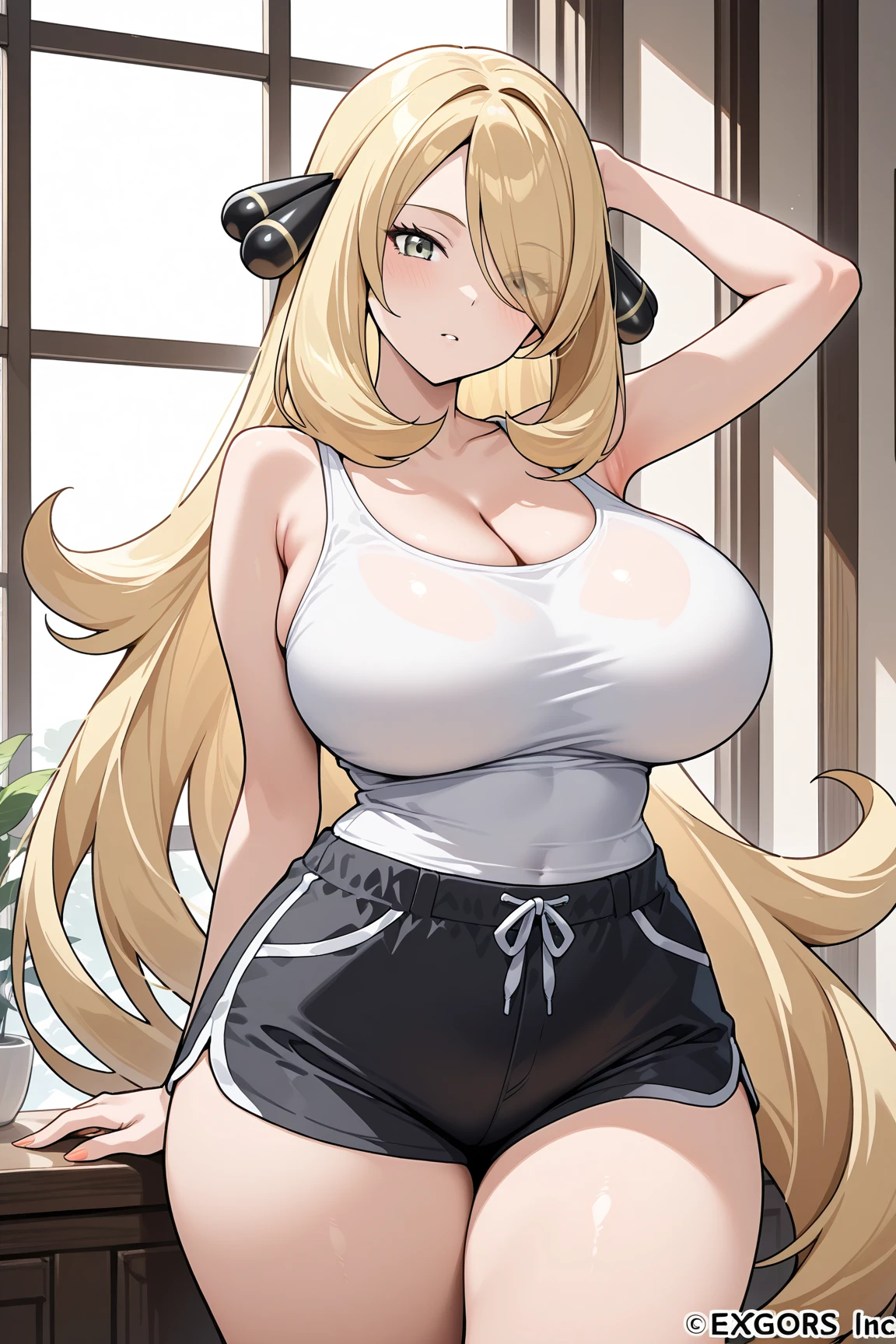 1girl, blonde hair, ponytail, wolf ears, tan skin, tan, highleg panties, panties, micro panties, cameltoe, sports bra, black sports bra, ((mall)), mall, ((shopping)), shopping, bare legs, no pants, yellow eyes, huge breasts, thick thighs, wide hips,