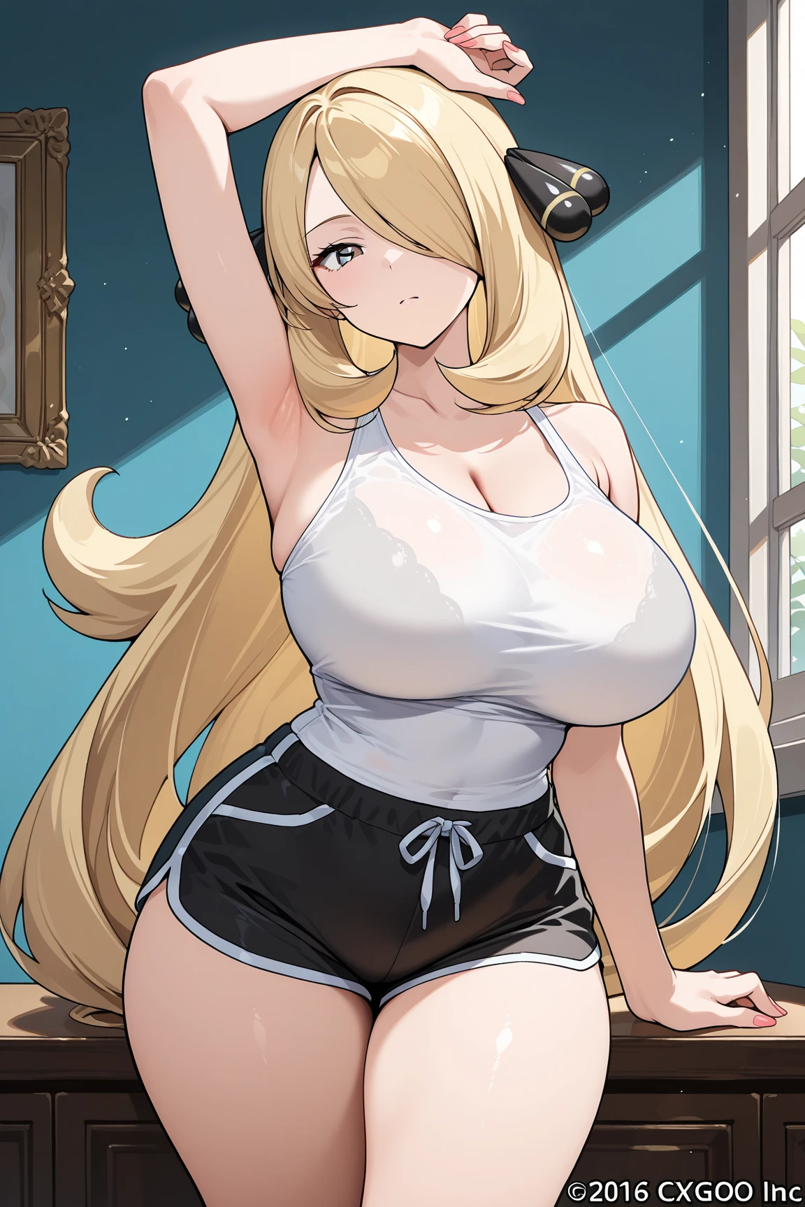 1girl, blonde hair, ponytail, wolf ears, tan skin, tan, highleg panties, panties, micro panties, cameltoe, sports bra, black sports bra, ((mall)), mall, ((shopping)), shopping, bare legs, no pants, yellow eyes, huge breasts, thick thighs, wide hips, smile, happy, shopping bag, ((from beloe)), from below