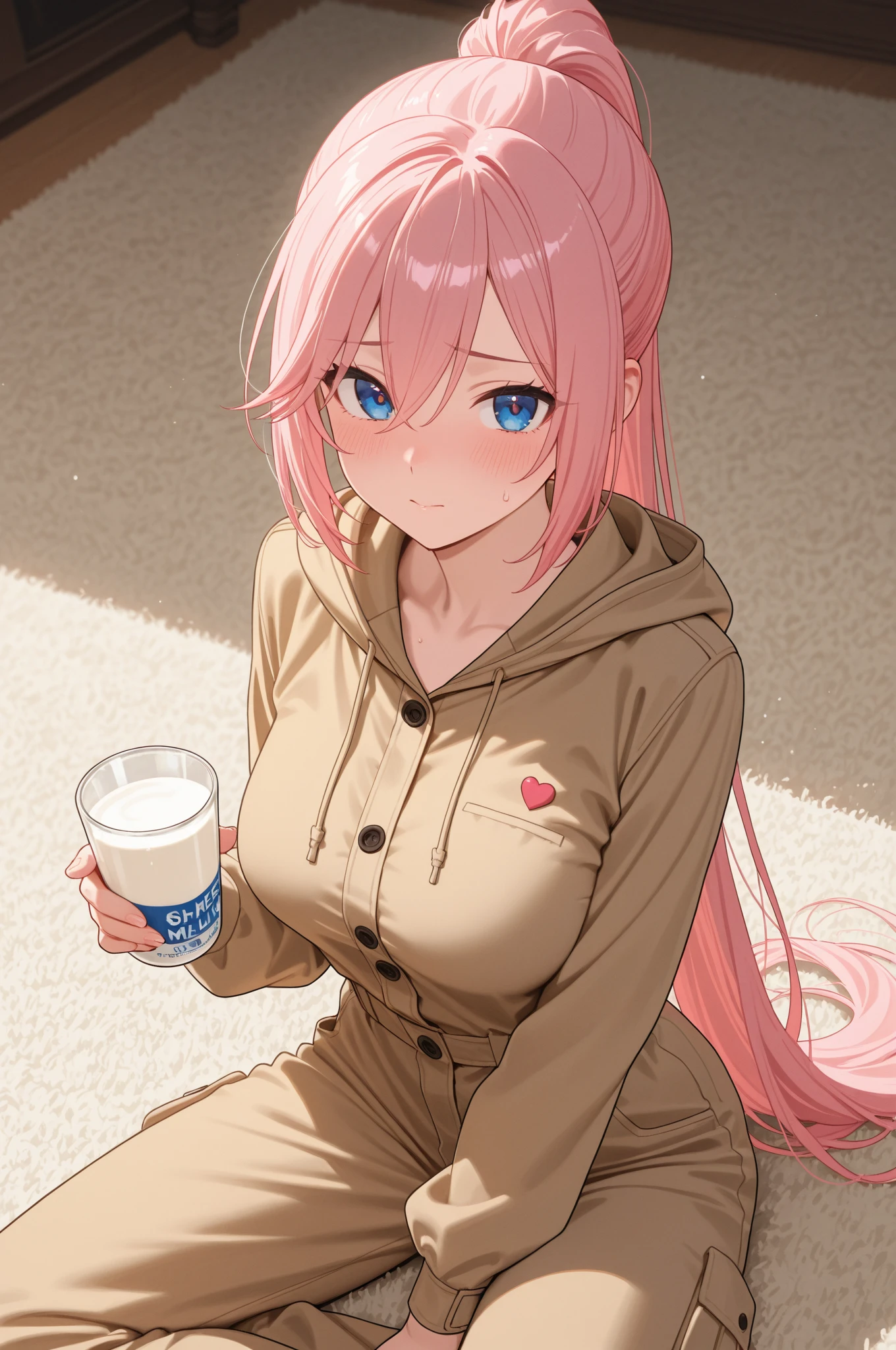 (high resolution, clear focus, weak outline:1.3), ((big tits, breast cleavage)), ((beautiful eyes)), raised sexy, (embrassed), (pink hair), long straight hair, asymmetric hair, half updo hair, ((hair between eyes)) , ((blue eyes)), (cube hair ornaments), bokeh , tight focus, (correct ???????:1.6, ideal ratio of body proportions),  (tries to close the zipper on a pink sweatshirt), (blushing), (shy), (date in coffeehouse, sits on chair, coffe on table), 