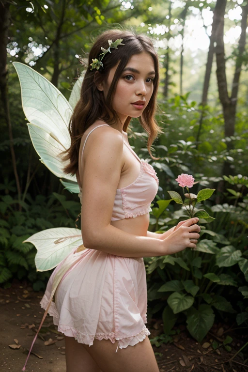 A 25 year old filipina girl wearing a pink fairy costume gown with wings and white sandals the background is colorful magical jungle.