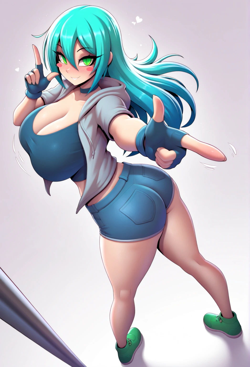 Manga Style cómic. A manga style drawing of a character that I create exclusively for you, based on your preferences and interests. The character is a female, with long black hair, green eyes, and a cute smile. She wears a green hoodie, blue jeans, and black sneakers. She has a tattoo of a microphone on her left arm, and a necklace with the letters REUSK 7. She is holding a guitar and a spray can. She is cheerful, friendly, and creative. The character looks older and more mature, as you asked me to make her look like she is 25 years old. The character is wearing a different outfit or doing a different pose than the previous one, as you asked me to surprise you.