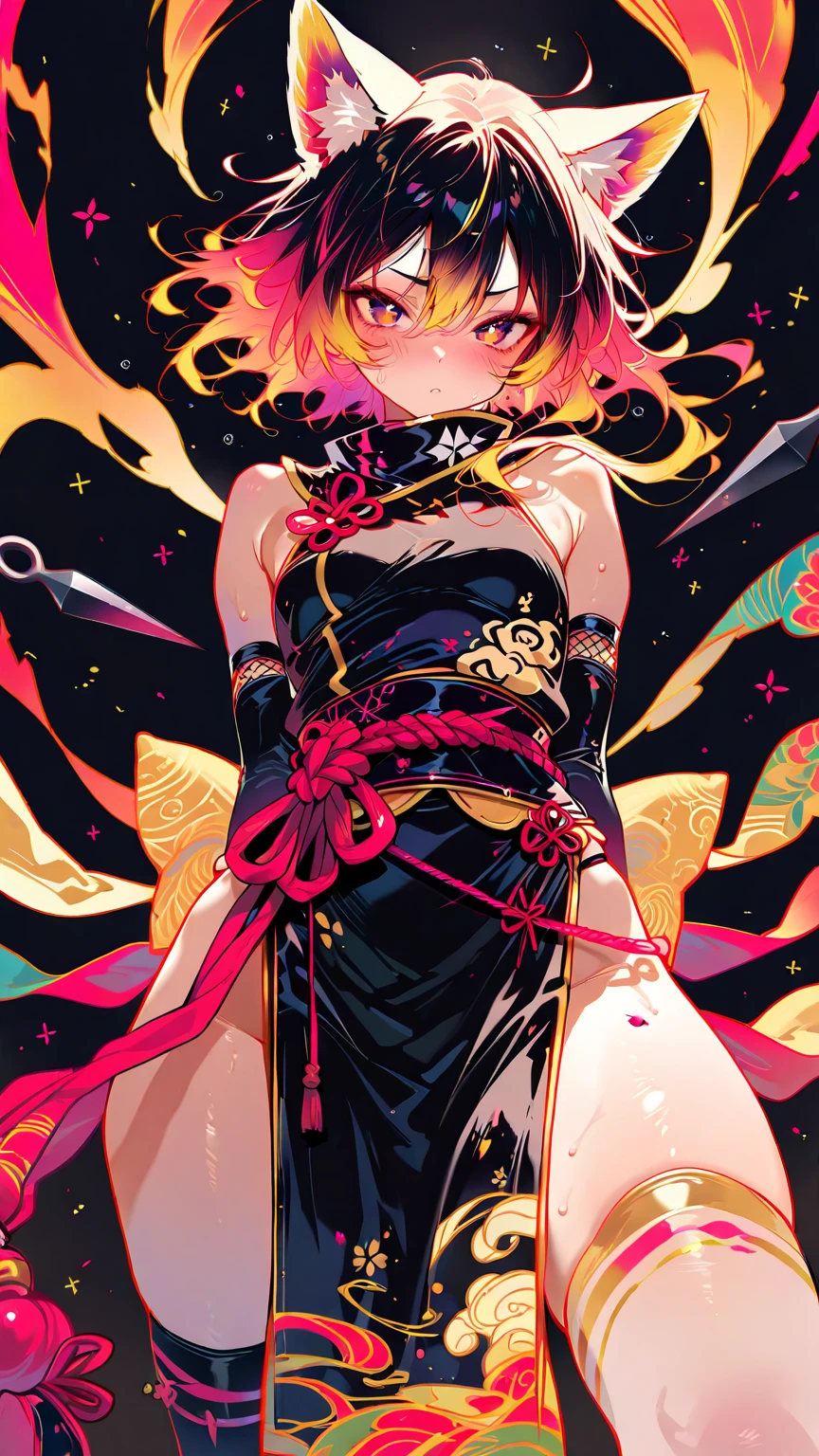 masterpiece, best quality, amazing quality, miaomiao_liulifa, jet black background 、Colorful Line Art、girl with cat ears、Cat's Eyes、Shinobi Outfit、Kunoichi、shuriken、kunai、sharp、Flowing Composition、From below、is cool、