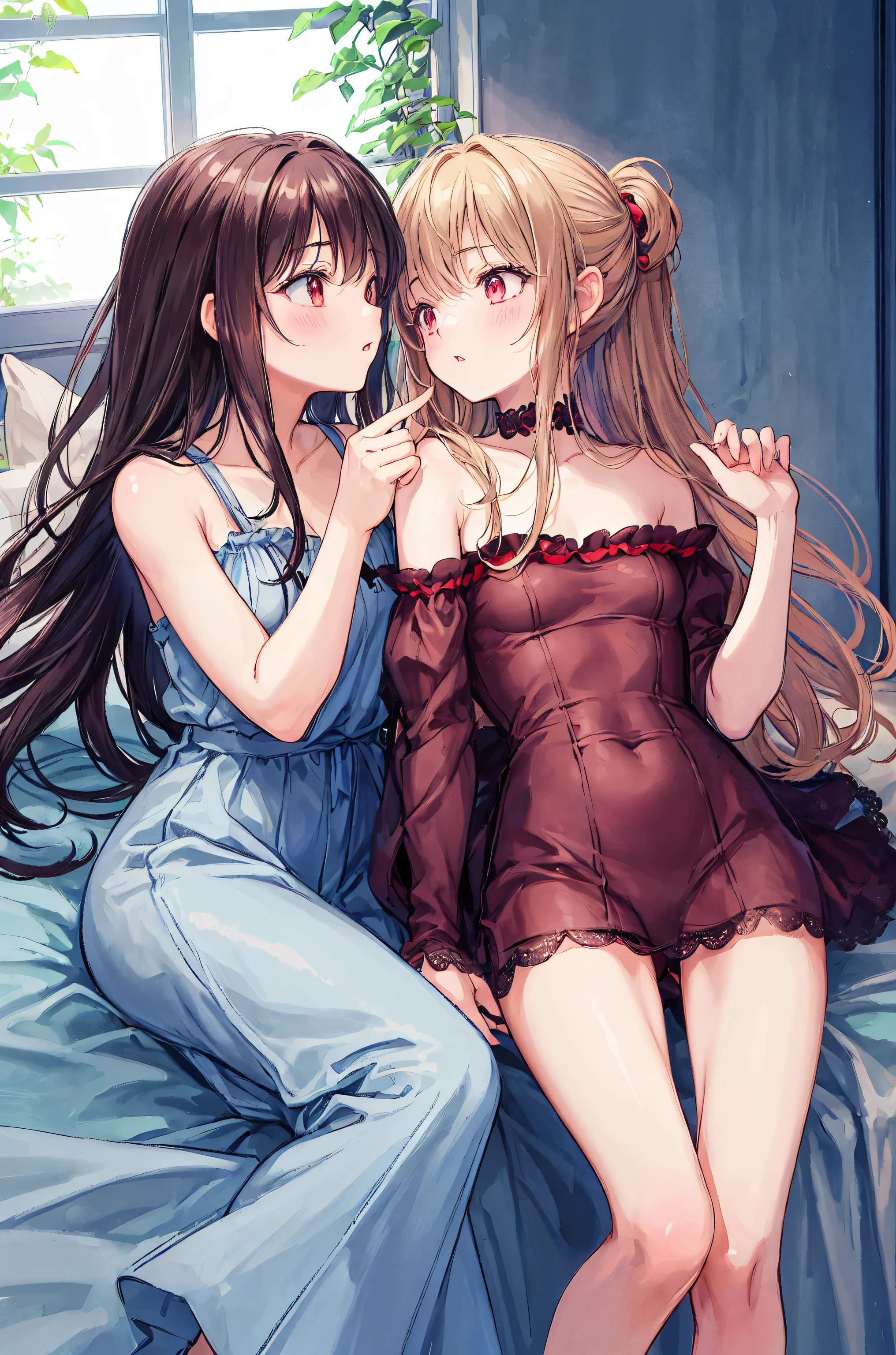 angel girls with long hair and lie down on the bed, sexual act, blonde hair, ,purple negligee, red eyes , Skirt, Brown hair, shy smile, pink negligee, watching at viewers,fellatio