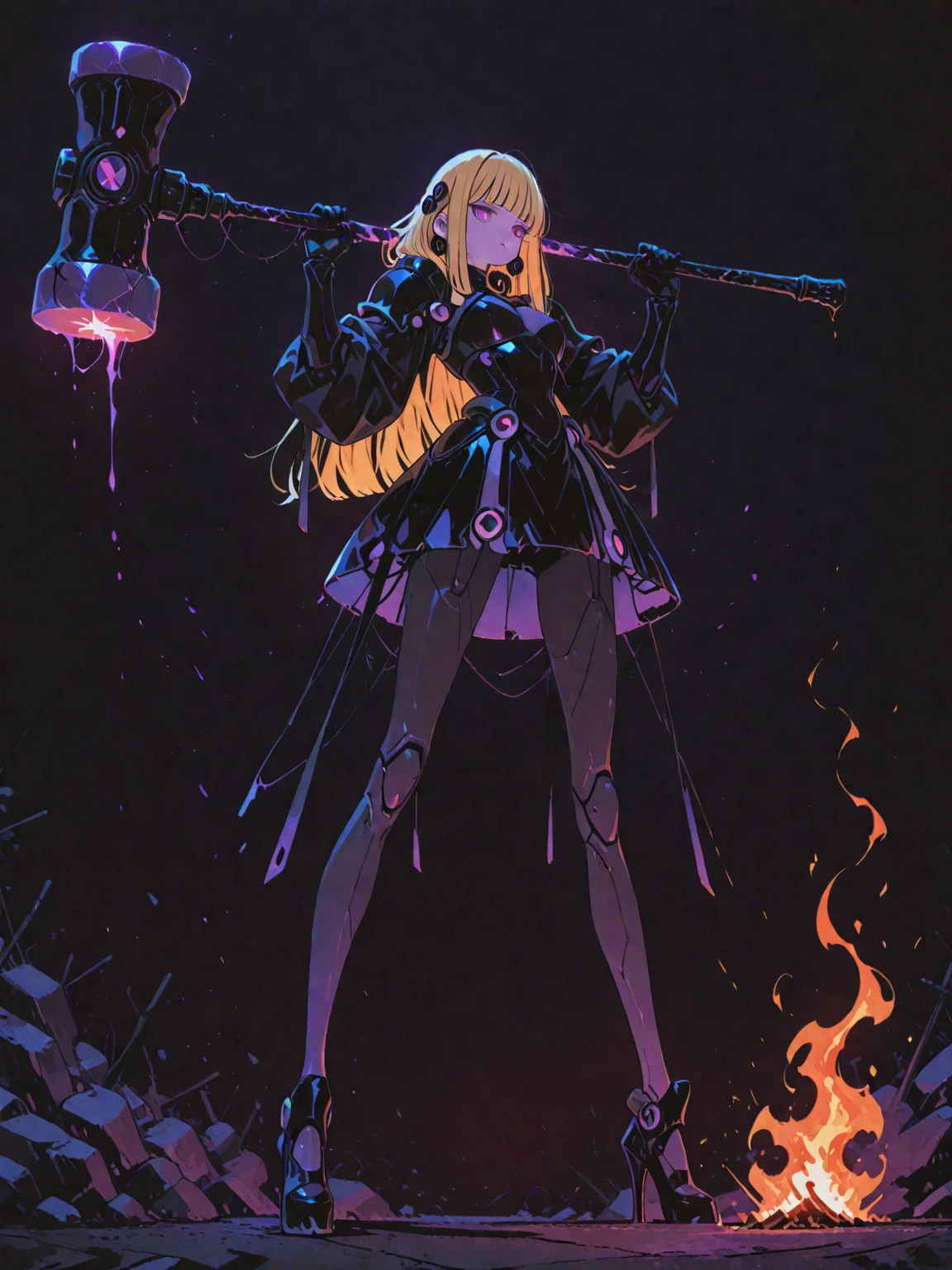 mecha goth girl, very tall, long legs , long blonde hair, dark and violet color in her armor, holding a big hammer on fire. Dynamic pose. dark background