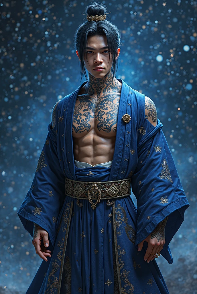 Handsome guy, 25 years old, Asian, master work, best picture quality, higher quality, high detail, super high resolution, 8k resolution, delicate facial features, boy, big muscles, tattoos, glowing eyes, short hair, hair details, [[Look away, look to the side, emphasize homosexuality and pay attention to every detail , open Hanfu transparent tulle jacket, white rubber pants, night, starry sky, flying flowers. Waterfalls, mountains, circling dragons, Chinese courtyard background (((((crotch bulge)))))