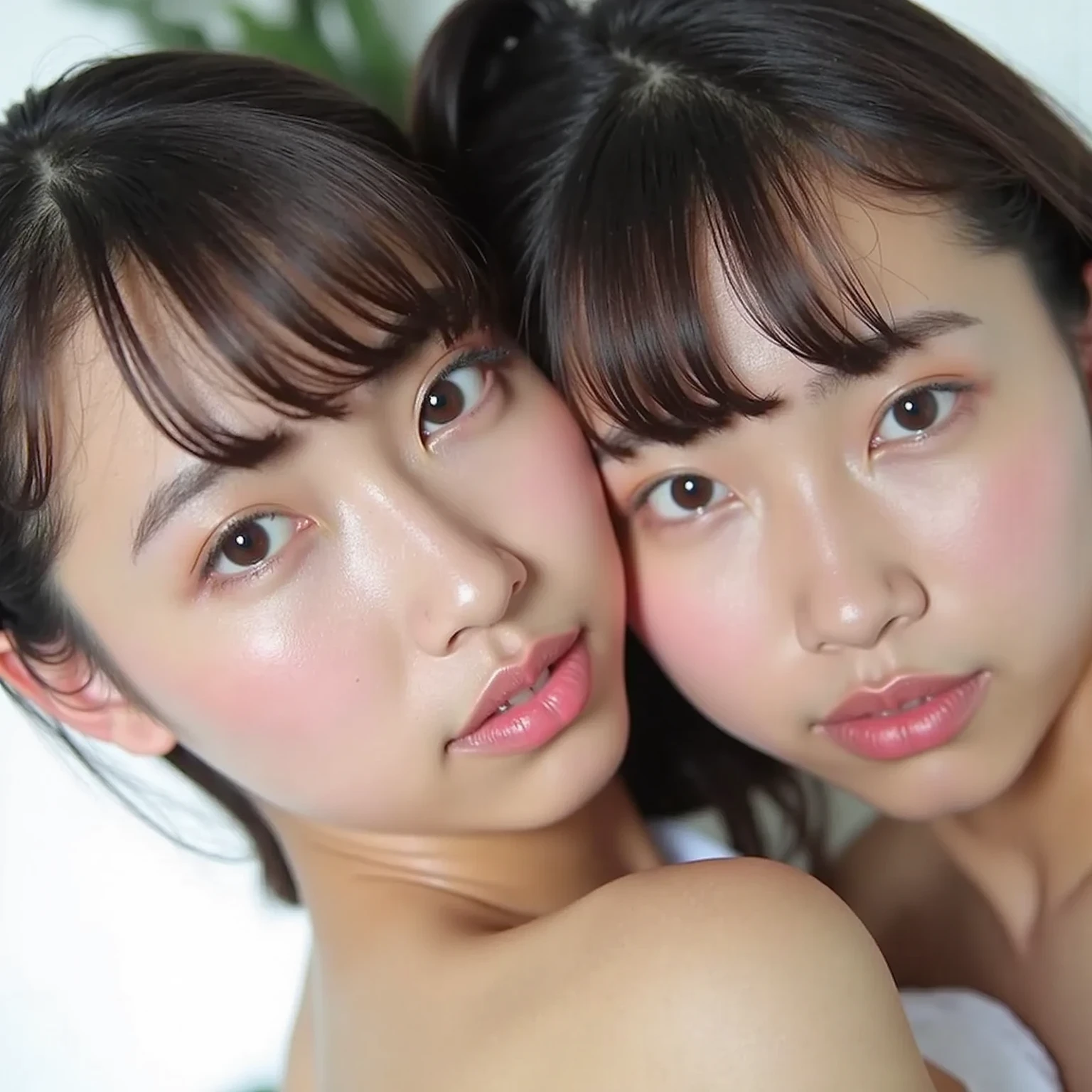((Browsing Caution)),((Naked festival)), (masterpiece: 1.2, Highest quality), Tan Skin、((Holding and sucking a big dick))、((Flat Chest))、Side close-up、Close-up of an 18 year old woman、Top view、There's a lot of white slime on my face、look at the camera with a sad face、Drooling、Watery eye