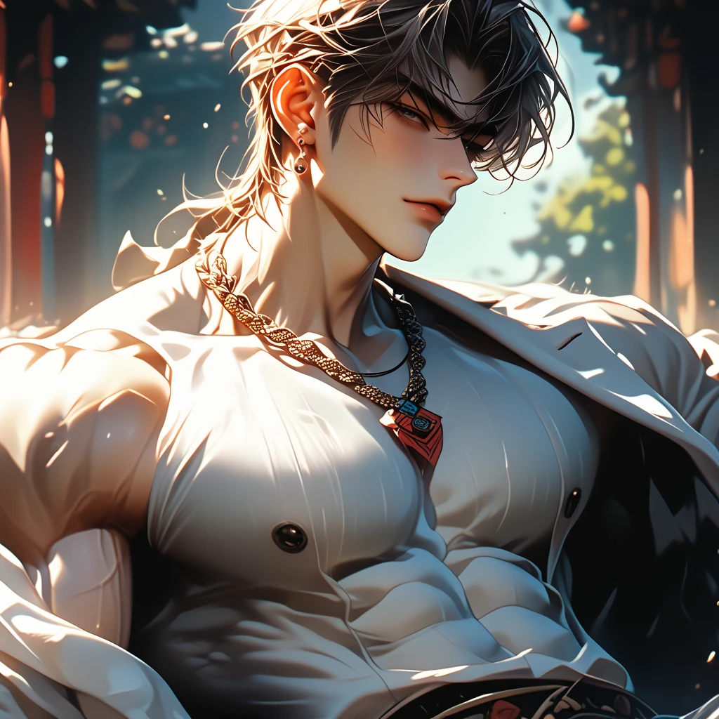 (3D:0.6,realistic:0.8,photorealistic:0.8),(absurdres, Super-resolution, masterpiece, best quality, finely detailed,absurdres:1.2), (((natural lighting))), god-rays, butt, 1male, 21 years old male, Pectoral muscles are plumped, crouch, bulge, muscular, athletic, textured skin, stubble, big body, handsome man, attractive male, seductive, alpha, teahouse, dominated, lewd, earrings, necklace, smirk, piercing, glowing neon blue eyes, big chest, cold pale white skin, raining, wet, sweaty, saliva, mucus, exhibitionist, tattoo, big arms, open cloak, alpha male, gay, yaoi, twin guns, chain bracelets, white shaved hair, dramatic illumination