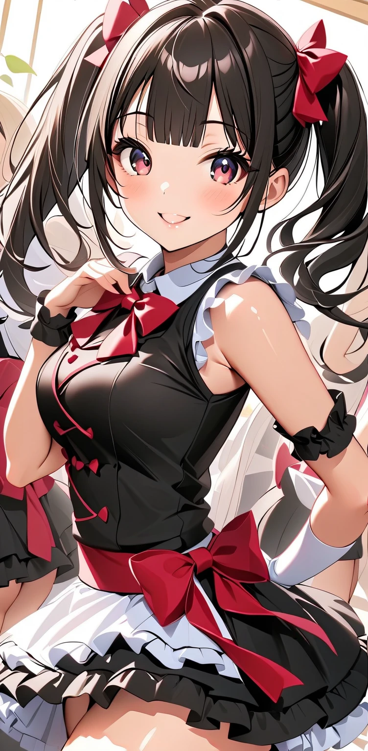 (high quality, 8k, 4K, high contrast, artwork:1.2, high quality, best aesthetics), (dynamic angle), ((1 woman)), erotic, sensual, mature body, super detailed, beautiful face detailed, beautiful eyes detailed, detailed beautiful mouth, sexy body, perfect breats, perfect wide thighs, (caucasian skin), (long black hair), (black eyes), (gothic makeup), (black lipstick), (black eyeshadow), (black eyeliner), (sexy facial expression), (wearing a white dress shirt with black tie and a short black cheerleader skirt), (standing), (centered), (looking at viewer)