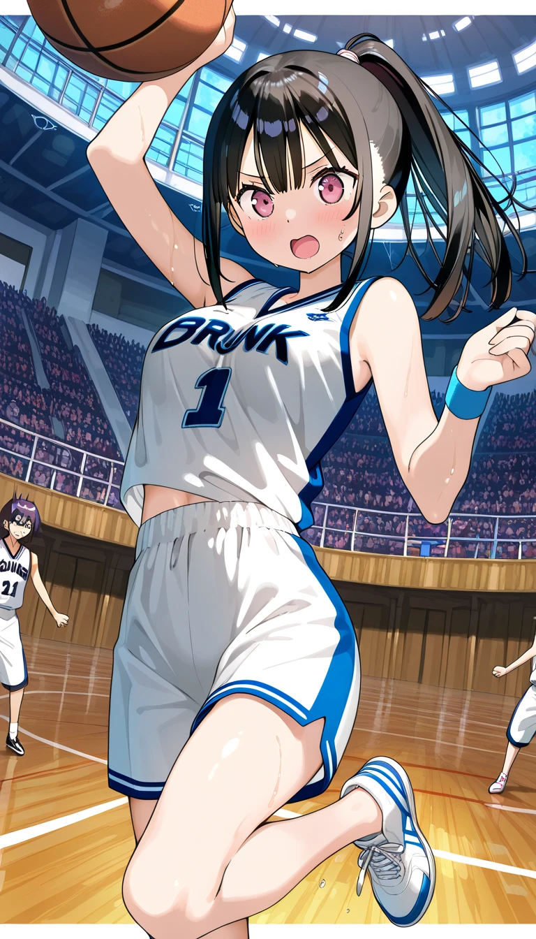 (beautiful girl : 1.3),1 girl,(kantoku style),(basket uniform,wristband,sneakers,basketball),dark haired,ponytail,get angry,anger,sweat,basketball court,jumping,Dunk Shot,audience,Cheer ,Dynamic Angle,( anime style 4k,Stunning Animated Portraits,Anime Art),masterpiece,top quality,Rich Contrasts,High Definition,8k,high definition CG unit wallpaper,Textures,信じられないほど不条理,RAW pictures,Deep Border 1 .2,very detailed