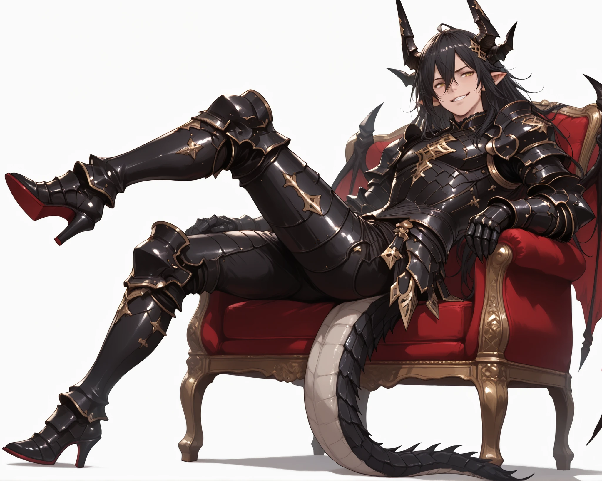 score_9, score_8_up, score_7_up, absurdres, (((128K Ultra High Resolution))), (masterpiece, best quality: 1. 5), (high definition: 1, 4), (highres), 8K wallpaper, (excellent graphics: 1. 5), CG, (((Japanese Anime style))), (Granblue Fantasy), (1 male), solo, (lean body, masculine), weredragon, glossy black, shiny black leather, ((beautiful golden eyes, finely detailed eyes, bright eyes, slit pupils)), hair between eyes, black hair, long hair, sideburns, wild hair, (sly grin, sinister grin, smirk), teeth, confident, (((ultra detailed face))), shiny skin, long pointy ears, twisted torso, long-legged, sculpted face, wasp waist, dragon horn, dragon tail, dragon wings, dragon sharp claws, (black armor with a lot of grandiose decorations: 1. 5), half dragon half human, (sit cross-legged, closed legs, sit sideways, luxury antique red plush velvet chair: 1. 5), (dramatic angle, dynamic pose: 1. 5), (ultra detailed black armor, well-polished black armor: 1. 5), (gold-adorned armor: 1. 5), all black outfit, full body, emphasize face, sharp focus, good-looking man, (best illustration, highly detailed artwork: 1. 5), (cinematic), dramatic lighting, (intricate detail, extreme detailed, super detailed: 1. 5), (stark contrast, heavy shadows: 1. 3), detailed black decorations, beautiful and aesthetic, photoreal, (from side), (mysteriously crafted black metal armor: 1. 5), thick & luxuriant hair, (ultra detailed fantasy black armor, wonderful black armor: 1. 5), (realistic metal texture), broad shoulder, true-to-life visuals, artistically refined, (extremely delicate & beautiful armor, elaborate armor details: 1. 5), (giant black armor, dark armor, stylized armor: 1, 5), (((armor-type high heels))), (extremely detailed armor with intricate engravings, intricate armor with gold ornaments: 1. 5), ((very gorgeous & dazzling)), (dark fantasy black knight: 1. 5), slim waistlines, wide chested, sinewy body, (Hyper Detailed & Perfectly Designed Black Armor: 1. 5), (simple white background)