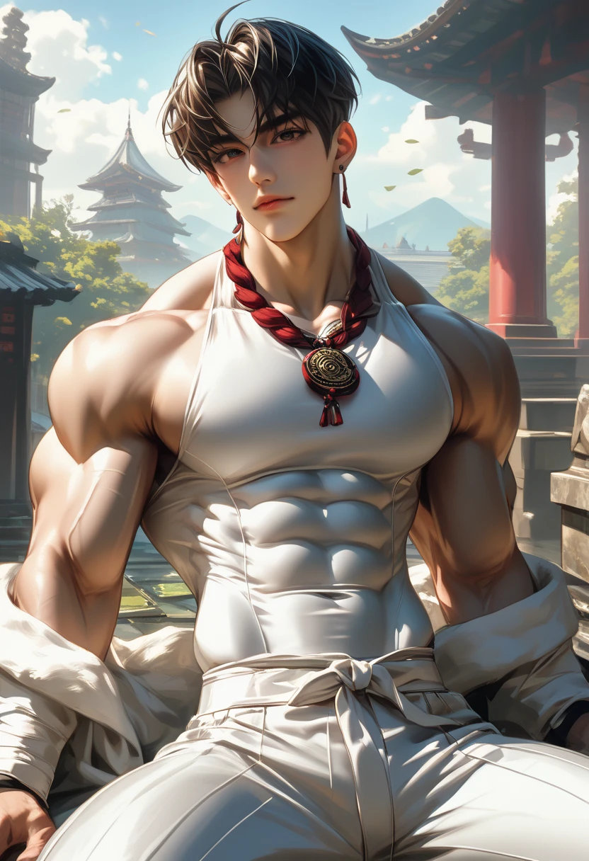 wriothesley,, cabelo preto, sem camisa, jovem coreano, genshin, men, pele lisa, peito musculoso, bulge grande, volune na cueca, cueca, genshin