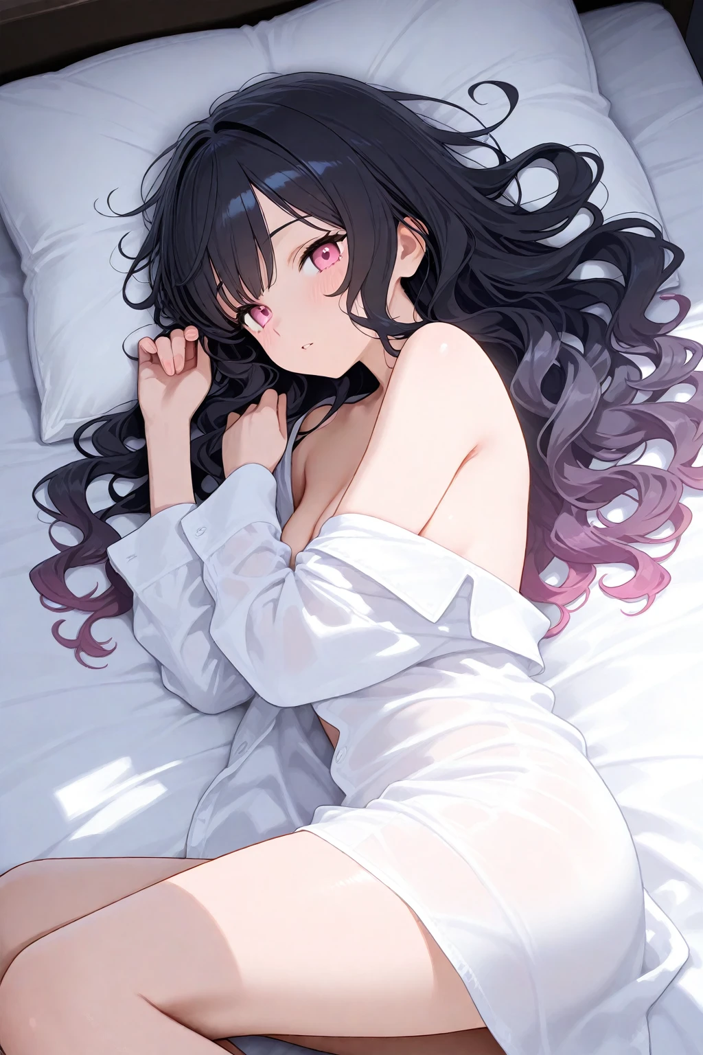 Girl，Black long hair，Wearing pink briefs，Wearing a white coat，Lying in bed，Hand grasping