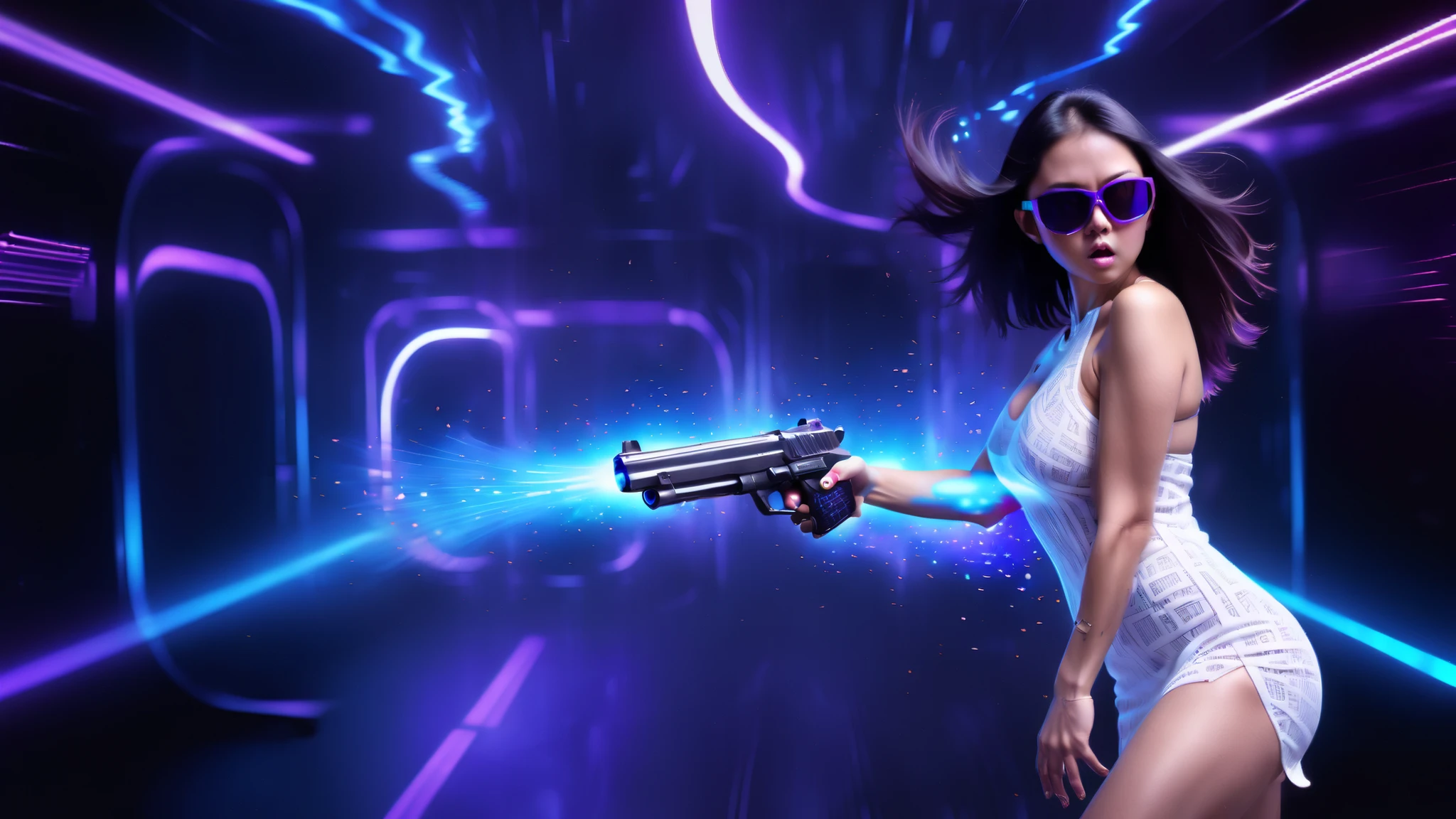 At night, dark sky, distant shot aerial view of fantasy cyberpunk style ice ((Moai-statue)) city, ((flying car)). ((1girl, solo, alone)), medium-breast:1.1 slim body, cleavage, sexy clothes, (headphone, black sunglasses, long black realistic hair), (((hip-up standing and holding pistol))), (((((half-body thigh level medium shot))))), cinematic lighting, lens flare, ray tracing.