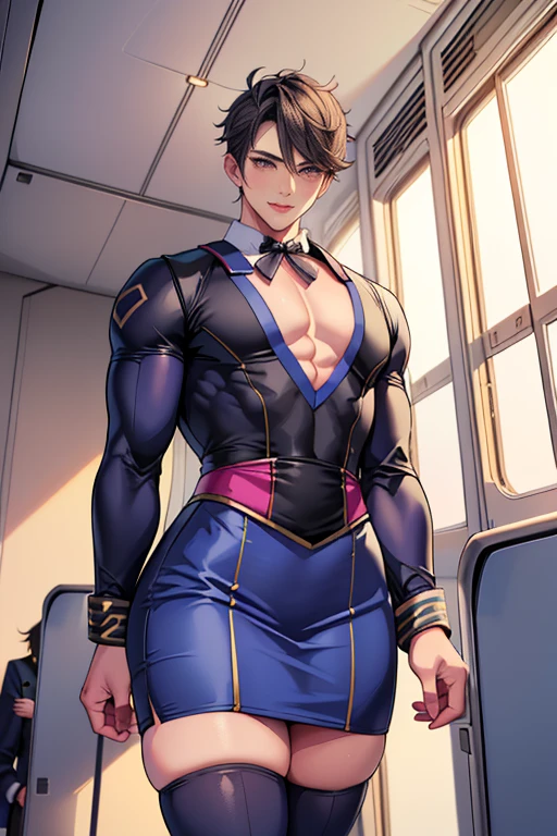 masterpiece, best quality, cu chulainn \(fate\), bara, stubble, (bulge:1.1), (embarrassed:1), blush, (lingerie,  garter belt:1.1),  closed eyes, large pectorals, male focus, office, standing, arms behind back, (smile:0.8), bulge, bra