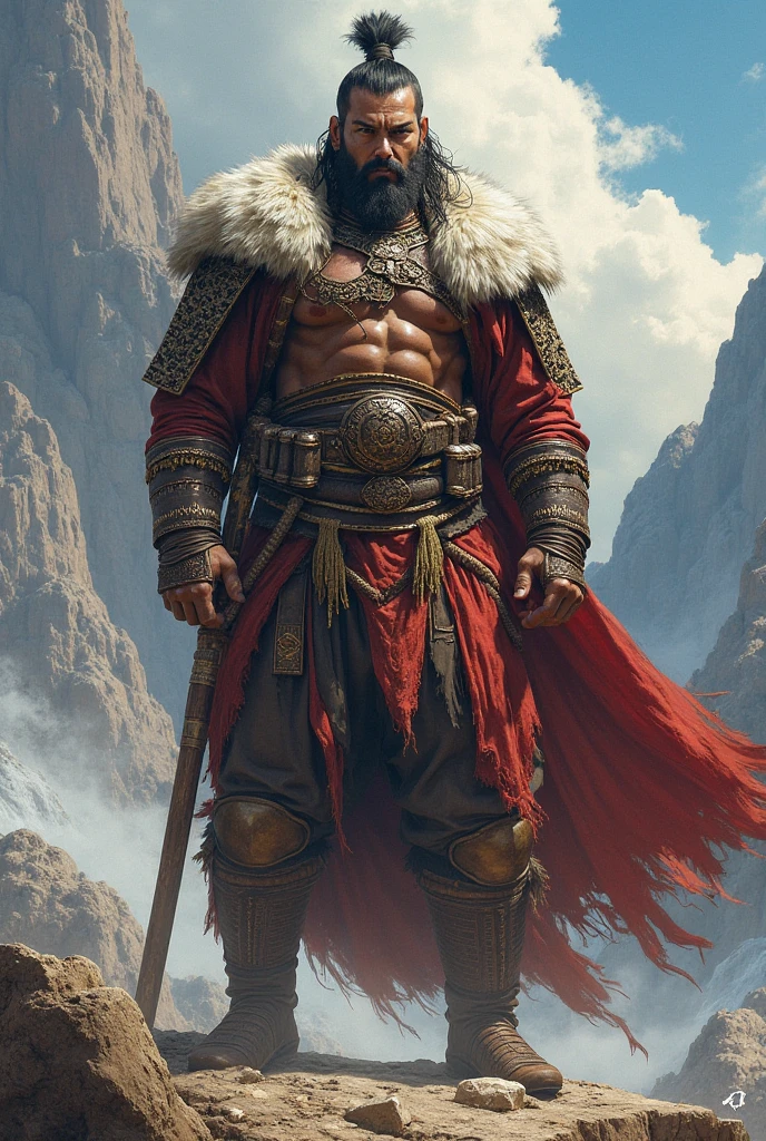 Un guerrier kanak simple avec des yeux marron noisette bien musclé qui porte un drapeau Kanaky 