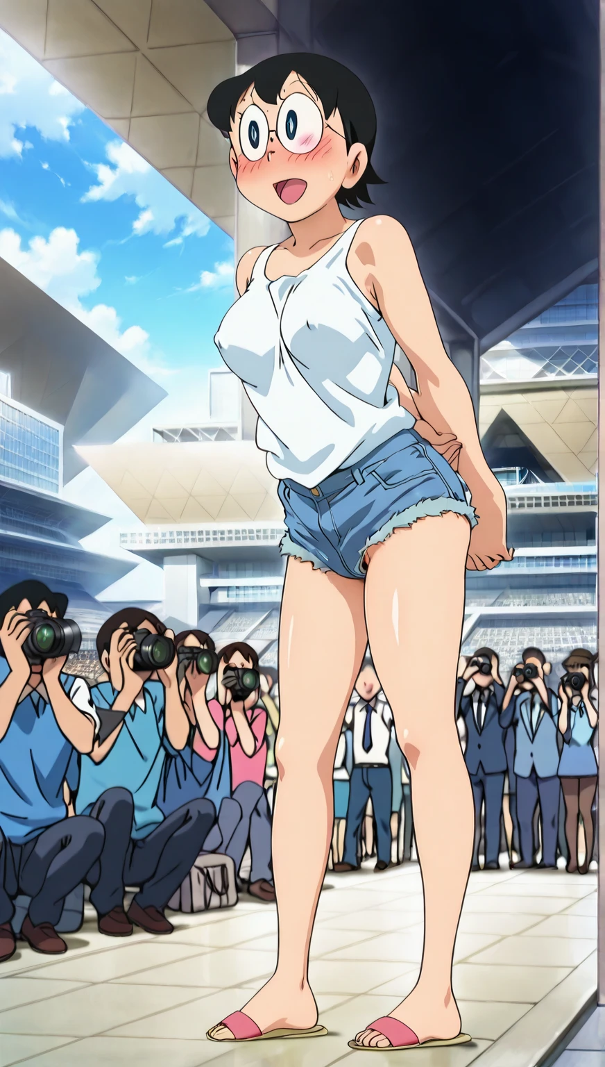 score_9, score_8_up, score_7_up, BREAK,official art,source_anime, rating_explicit, in uno makoto style, megami magazine, anime screencap, BREAK, cowboy shot, facing away, walking, 1girl, topless, ass, ass focus, big eyes, backboob, fundoshi, thong, cleft of venus, long hair, black, ponytail, japan, city, crowd, (1990s (style):0.9), sweat, from below, crotch focus
