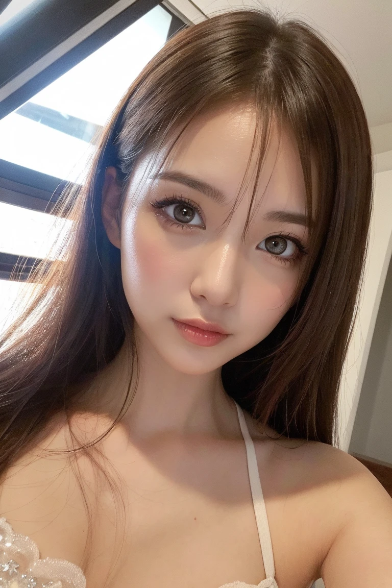 Very detailed, beautiful, highest quality, Professionally taken photos, Like a poster, detailed beautiful round eyes, beautiful detailed face, Whole Body Ezbian, Medium Long Hair, Casual Hairstyles, (Random color hair, Golden mesh), Big eyes, Random color eyes, Long eyelashes, Thick mascara, Dark eyeliner, (Huge breasts), (Bust about to burst:1.35), Wide selection, Thick waist), (Wide Hips:1.35, Toned thighs, Body Curves), 40 years old, woman, (White tight dress, white), Perfect Face, Perfect body, Sexy pose, (A shy smile), Random Location, nature, (alone), The light on my face,