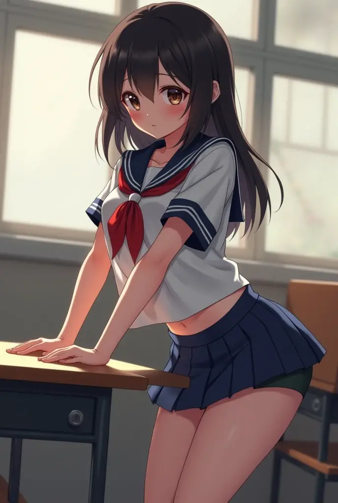 masutepiece、Ultra-high definition animation quality、8K、school classrooms、hi-school girl、18year old、delicated face、Red cheeks、half-opened mouth、poneyTail、Sailor suit with short sleeves、stick out buttocks、I put my hands on the desk and turned around...、Pose with buttocks sticking out、White sheer panties、big butts、round ass、meaty thighs、Perfect limbs、Lusting、Wet crotch、A look of shame、perspiring、White liquid