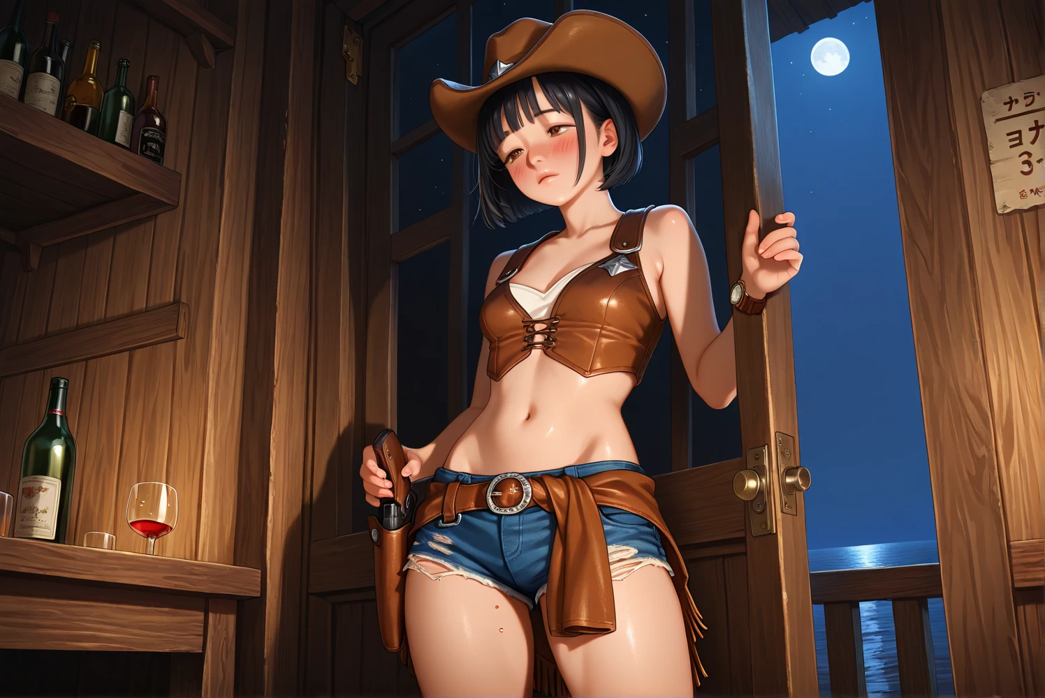 (((1 person:2.0))),(((NSFW:1.8)),(((NUDE:2.0))),(((The Alluring Gunfighter:1.9))),(((Wear a gun belt with a holster:1.5))),((Wear a watch on your wrist:1.5))),(((Cowgirl Costume:1.5))),(((Exposed thin inner thighs))),(((Small breasts:1.5))),(((Bare arms))),(((Wearing Sandals:1.5))),((Blushed:1.8)), Beautiful detailed girl, Very detailed目と顔, 緻密でBeautiful Eyes, Very detailed, High resolution, Highest quality, masterpiece, Very detailed, 8k wallpaper, wonderful, finely, Highest quality,(Standing in front of a wooden wall),Beautiful Eyes,((Engage your audience:1.5)),((Full body shot:1.6)),((Place your right hand on your chest:1.5)),((Drinking whiskey:1.4)),((She has the hiccups:2.0))),(((Are standing:1.5)))