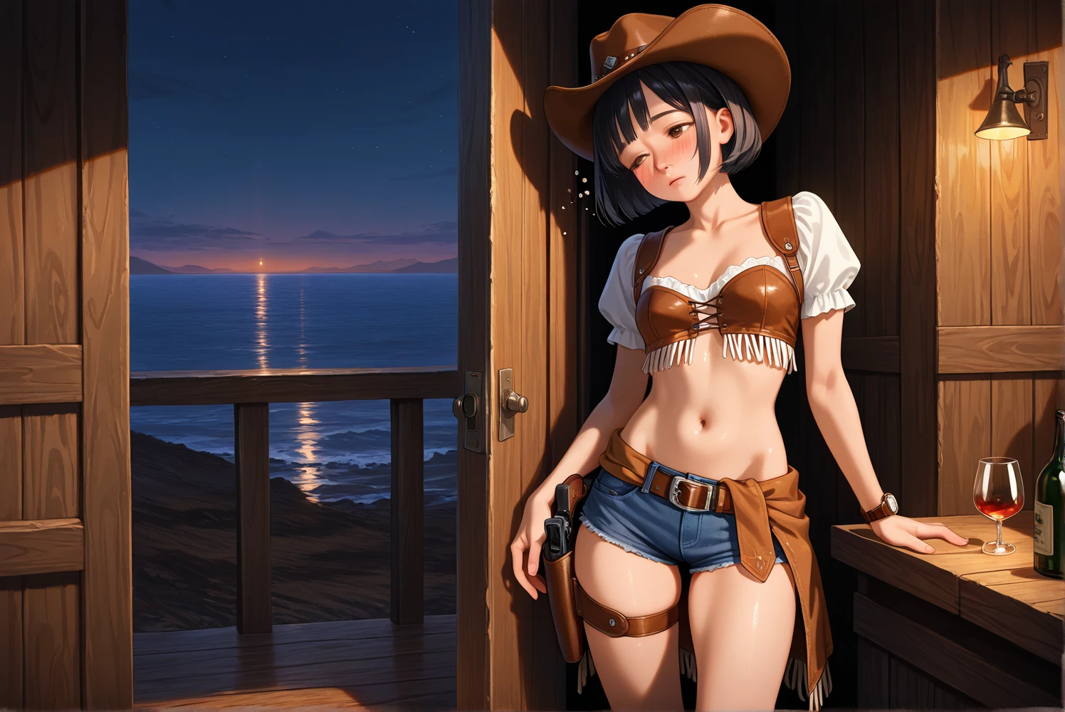 (((One beautiful woman:2.0))),(((NSFW:1.5))),((Nude:2.0))),(((He wears a gun belt with a cowboy buckle around his waist.:1.8))),((Wear a watch on your wrist:1.2))),(((Showing cleavage))),(((Exposed thin inner thighs))),(((Small breasts:1.5))),(((Bare arms))),((Blushed:1.5)), Beautiful detailed girl, Very detailed目と顔, 緻密でBeautiful Eyes, Very detailed, High resolution, Highest quality, masterpiece, Very detailed, 8k wallpaper, wonderful, finely, Highest quality,(Standing in front of a wooden wall),Beautiful Eyes,((Engage your audience:1.2)),(((Photograph the whole body:1.9))),((Put your hands on your chest:1.4)),(((Drunk:2.5))),(((Crying face:1.0))),(((Are standing:1.2))),(((Take a deep breath:1.8))),(((Raise your shoulders:1.6)))