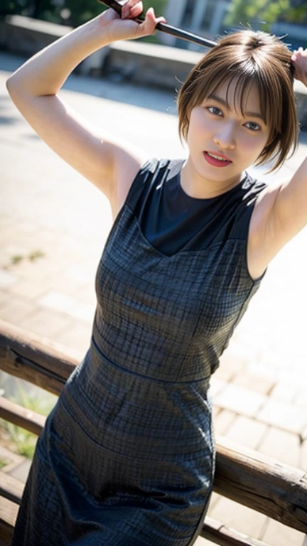 Top quality, 1 beautiful woman, super short Hair, , short sleeve, shy smile, at school