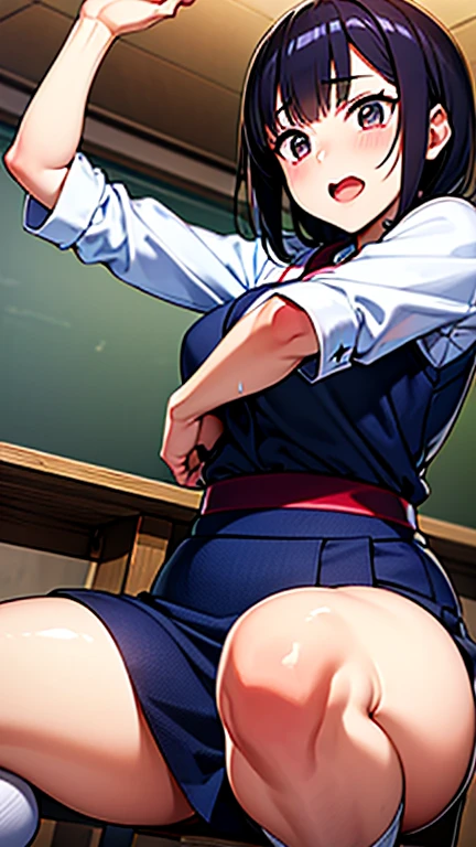 Kitasan Black, (composition with cock in front of you), (composition from below: 1.2), ahoge, hair ornament, animal ears, horse tail, (black hair), (crawling on all fours), (face close to the ground), (mid waist), (sailor suit), (long sleeves), (dark blue clothes), (sailor skirt, long skirt), (dark blue sailor collar), (blush), shirt tucked up, (futanari), (erect penis), (curved penis), (crotch showing), (blushing), (ejaculation), (ejaculation on clothes: 1.2), nsfw, orgasm, (thick sperm), erect nipples, (masturbation),