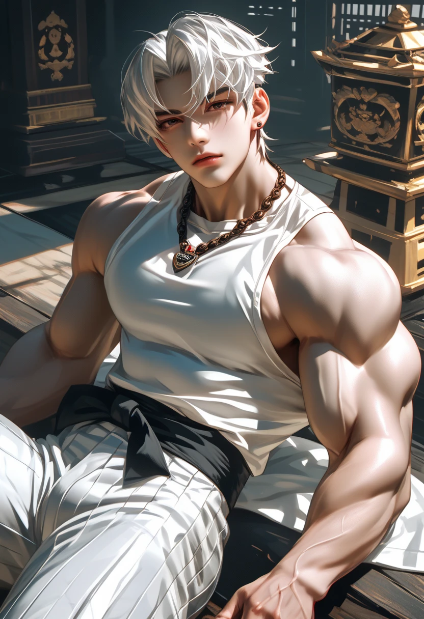 (best quality,4k,8k,highres,masterpiece:1.2),ultra-detailed,realistic:1.37,Bakugou Katsuki sitting inside a terrarium,open white shirt,looking at viewer,full body,detailed handsome face,muscular body,abs and pecs,sharp focus,vivid colors,glass enclosure,plants and mosses surrounding him,relaxed personality,strong gaze,powerful posture,intense lighting,captivating calm expression,lively and epic scene,heroic aura,stylized background,striking visual impact,determined appearance,fashionable clothing,meticulously rendered details,muscle definition emphasized,impressive physique,attention-grabbing presence,warm and vibrant color palette,dramatic shadows and highlights,underlying sense of power