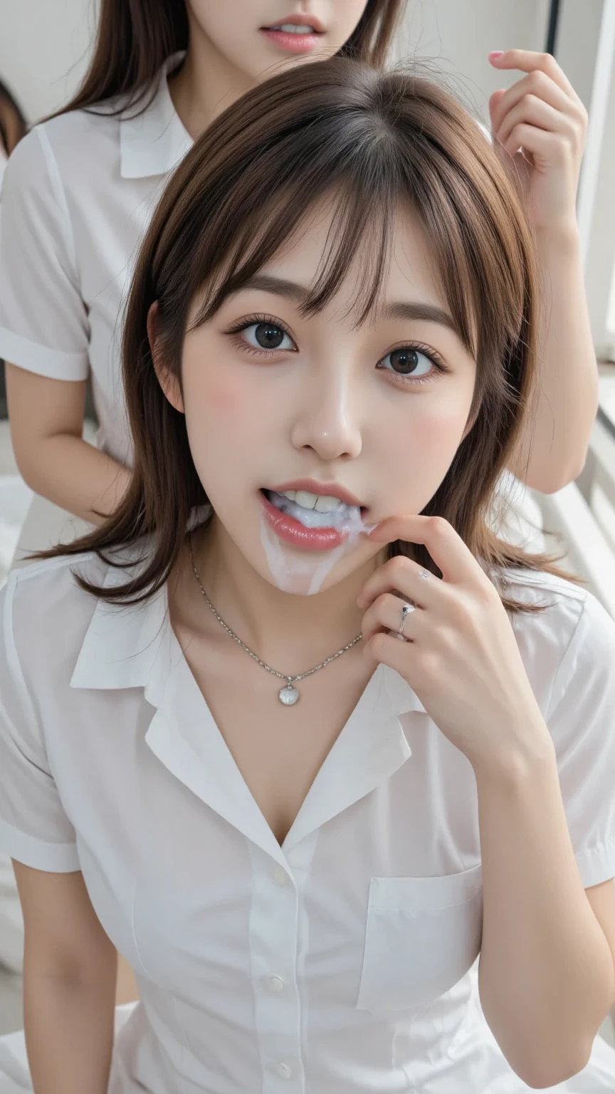 highest quality, Detailed workmanship、high resolution、(8K, High resolution:1.2)、raw photo, photorealistic、slender body shape、high definition face、Face is in focus、high definition eyes、(Focused, symmetrical pupils:1.2)、High-definition and beautiful skin、firm skin、natural makeup、gross lip, High-definition hair texture、masterpiece、japanese woman、nurse、nurse、17 years old、very cute, very short hair break (White nursing uniform、白いnurseの制服:1.3) break on the hospital bed、(very embarrassed:1.3), (blush:1.3), (Sad face、Watery eye:1.3)、Staring at the camera:、wide shot, I have my mouth slightly open、(blowjob、male、licking big penis with tongue:1.3)、(cum on face:1.4)、(various shooting angles:1.3)、medium breast, nsfw