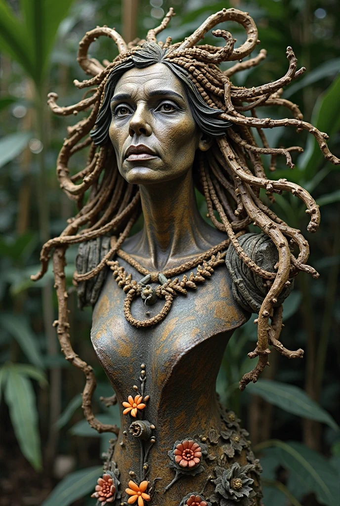 Create a highly detailed and surrealistic digital art piece of a statue with a skull-like face integrated with nature. The statue should have intricate carvings resembling aged ivory or bone, with its face slightly tilted. The hollow eyes should be framed by blooming blue orchids. The entire figure should be interwoven with vibrant flowers and lush green leaves, giving the appearance that the statue is both ancient and alive. The background should be a mystical, dense forest with soft, ambient lighting that highlights the ethereal and magical quality of the scene. Ensure the flowers and leaves appear fresh and vibrant, contrasting with the aged texture of the statue.