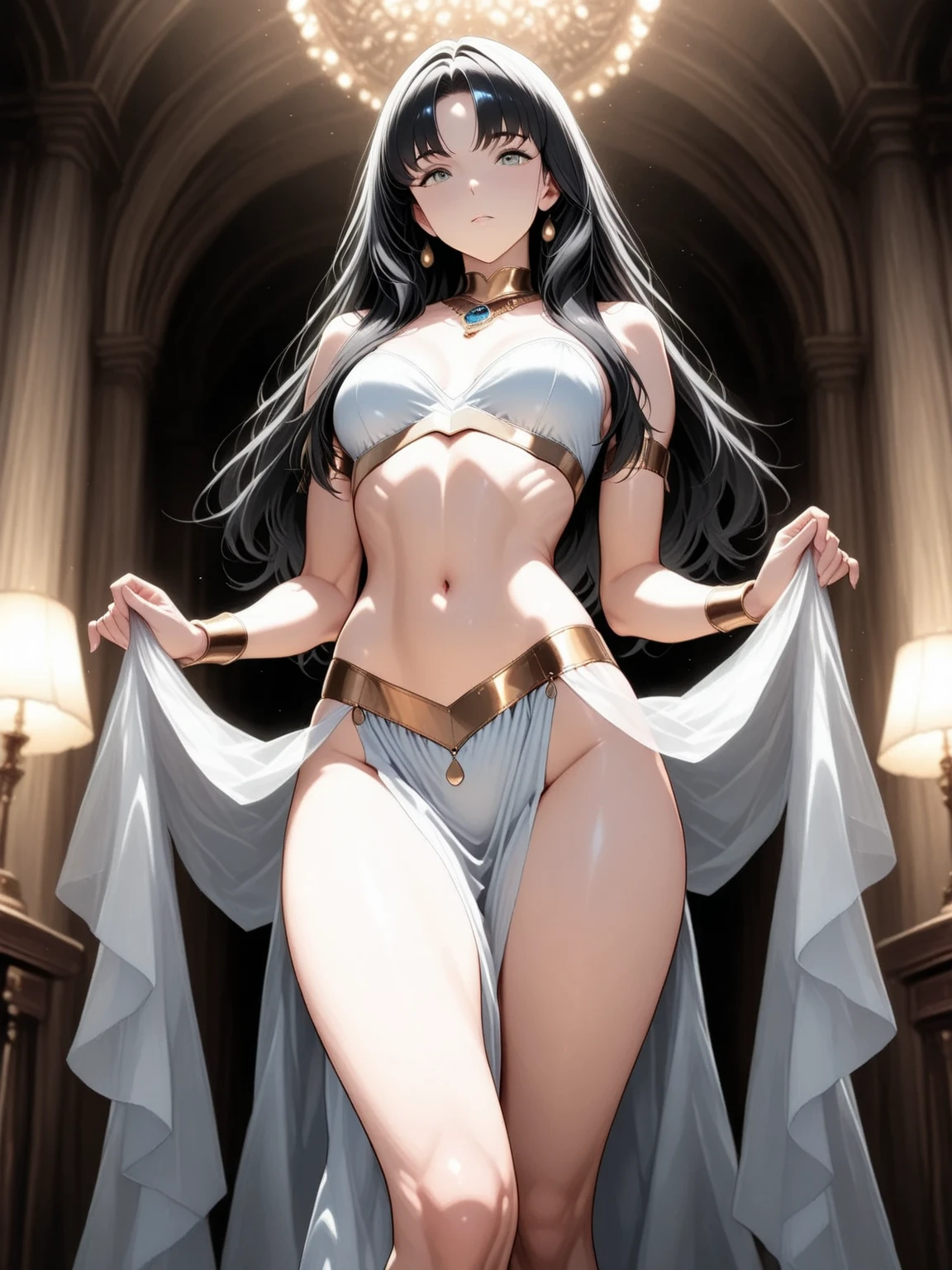 She is standing in the main hall of the palace, radiating an aura of absolute power and seduction. Seus cabelos negros como a noite caem em cascata sobre seus ombros, contrasting with her pale, flawless skin. His blood red eyes shine brightly, reflecting his immortal nature and his dominance over all vampires.She wears an extremely sensual and revealing outfit, consisting of a top and a skirt that highlight your perfect curves and your slender, attractive figure. The costume is adorned with silver and ruby details., adding a touch of sophistication and elegance.your beauty is unparalleled, a breathtaking view that captures the attention of everyone around you. With perfectly sculpted facial features and a magnetic presence, she exudes unwavering confidence and irresistible magnetism.Around her, the palace is a masterpiece of gothic architecture, with tall marble columns, luxurious tapestries and crystal chandeliers that emit a soft, mysterious light. Tall windows let in dim light, creating shadows that dance around you, further accentuating its imposing presence.She stands tall with a majestic posture, his red eyes observing everything around him with a look of wisdom and power, aware of his supremacy over all vampires.