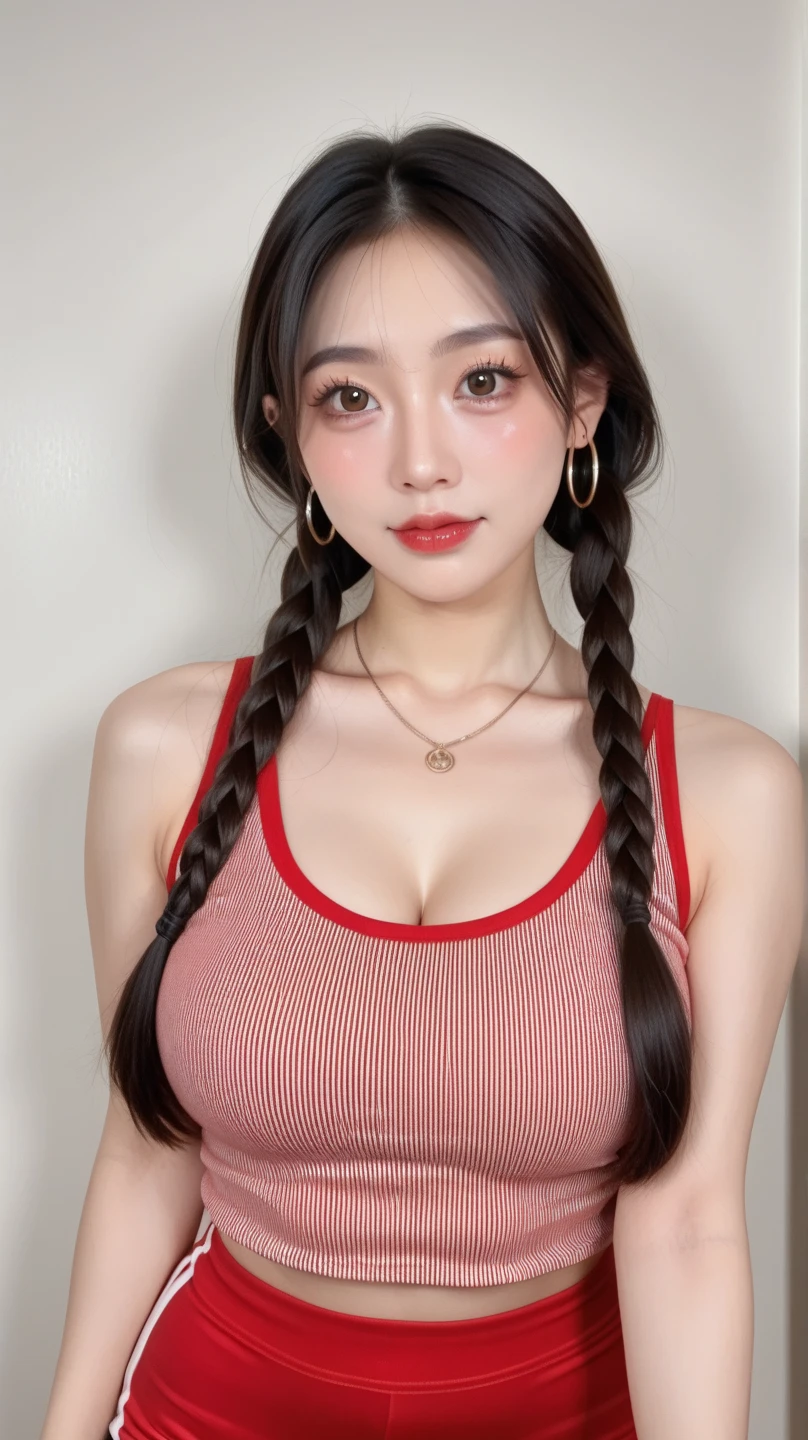 （lifelike, realistic， high resolution：1.3）， 1 fille avec un corps parfait， Super fine face and eyes，Longhaire，pigtails,  Very tight tank top in random colors：1.2， jupe courte， huge tits, Exposer le décolleté