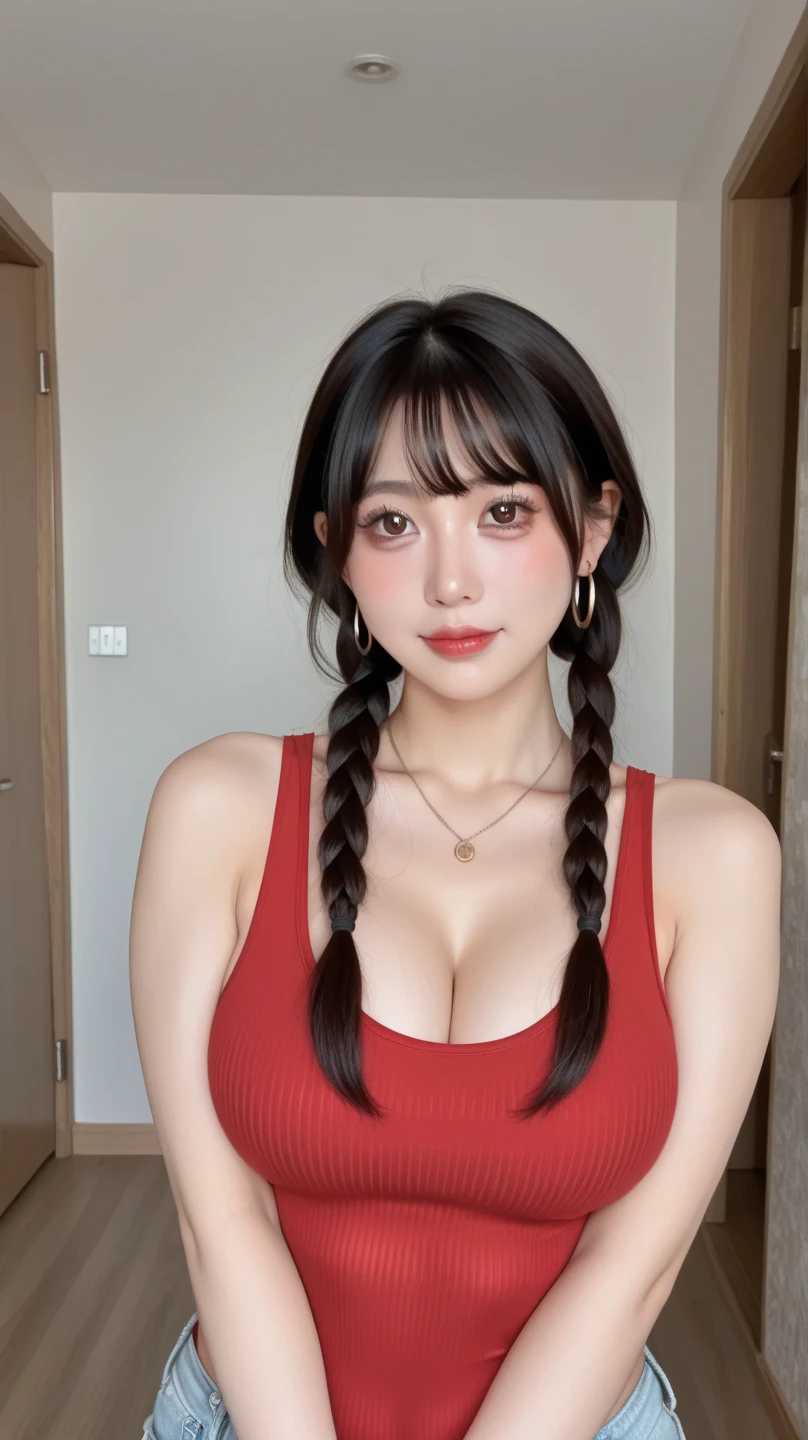 one person、whole body photos、Red polo shirt、Cleavage、Green mini skirt、fun、Blonde、15 years old、whole body、slender、woman、White drool coming out of the mouth、Twin tails、 Fair skin,Super cute、Soft and Face、Brown Hair、8k resolution、Surreal、Ultra high definition、 Soft Body、A-cup small breasts((Highest resolution、8k、masterpiece:1.3))、Ultra-fine face、Ultra Fine Lips、Beautiful Eyes、double eyelid,Slender figure、I can see your thighs、Shapely small breasts、Light blue wall