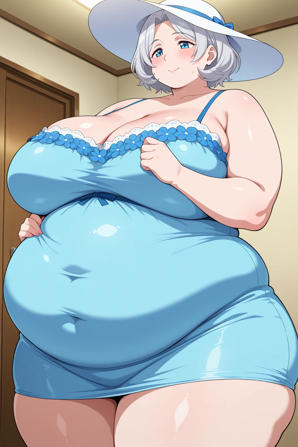 Sexy Hawaiian Girl, beautiful, Large Breasts, beautiful, Bright blue hair, Round Cut, Her blue eyes, She wears a white shirt, Showing your belly button, Blue long skirt. Huge Pregnancy  , Abdomen protruding forward , Multiple pregnancy