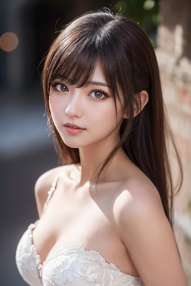 1 girl, (highest quality:1.4), (super detailed), (detailed light), (Highly detailed beautiful face), wonderful face and eyes, brown hair, brown eyes, Beautiful sheer lace details, beautiful breasts, nipple, Highly detailed CG integrated 8k wallpaper, High resolution raw color photos, professional photos, dynamic lighting, (((Bokeh))), Depth of bounds written,
