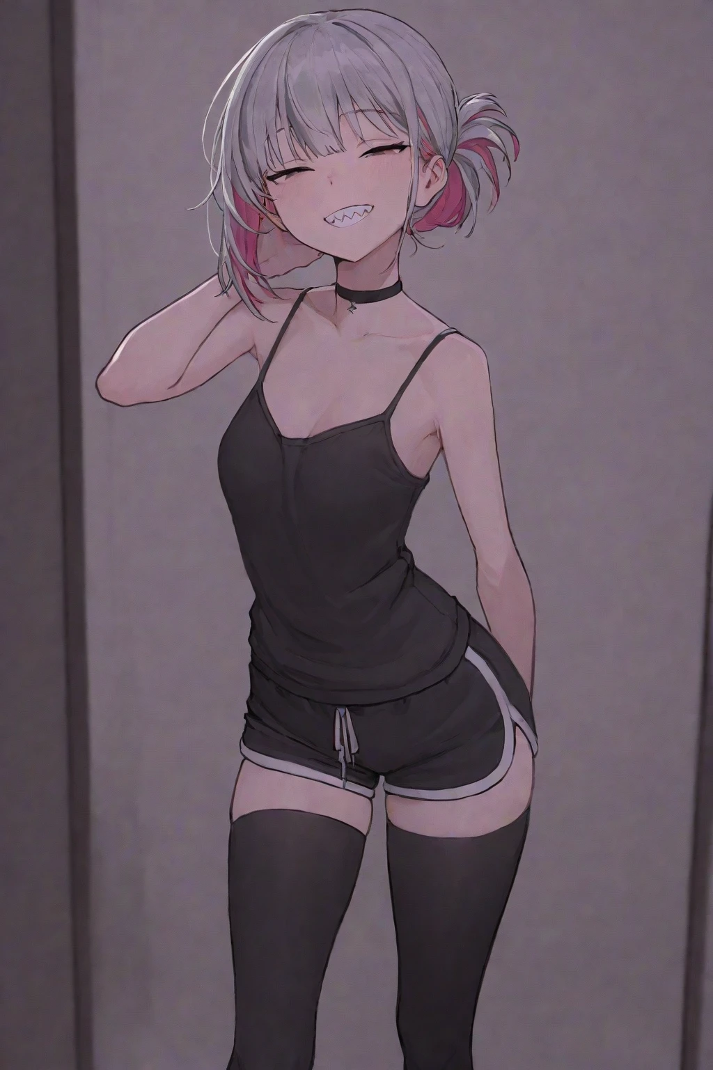 riley fairfeather, masterpiece, best quality, 1girl, solo, 1girl, solo, nose piercing, green hair, piercing, undercut, crop top, v neck, midriff, freckles, leather collar, short shorts, breasts, full body, short hair, black hair, multicolored hair, two-tone hair, purple eyes, looking at viewer, blush, hands behind back, ear piercing, black shoes, nose blush, dark-skinned female, small breasts, standing, tan, dark skin, bedroom,