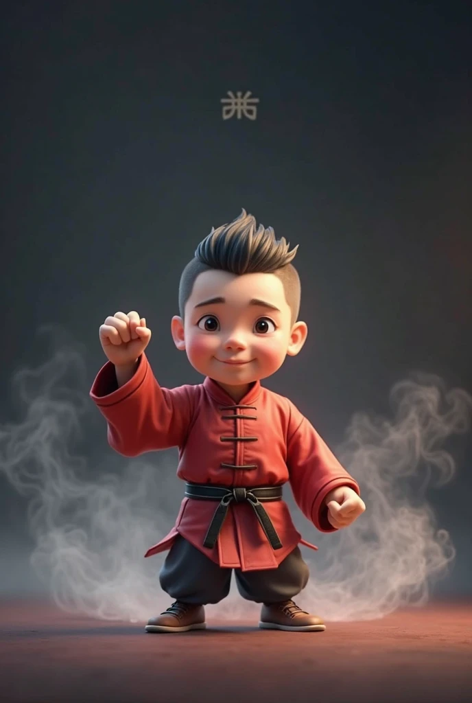 baby spider man, portrait photo, light eyes, samurai haircut, red coat, closed face, front view, maya 3d, rendering man, 32k uhd, gray background, happy