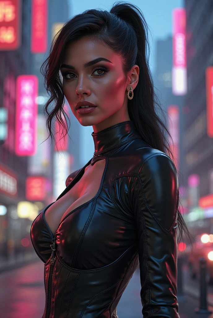 mulher bruxa sensual, Half-body plane without cutting the arms, Pose sexy, red lips with vampire vibrations long hair, She's alone on a road in the background, The scene is close at night, Realistic and detailed bokeh cinematic light background dark lighting 16k