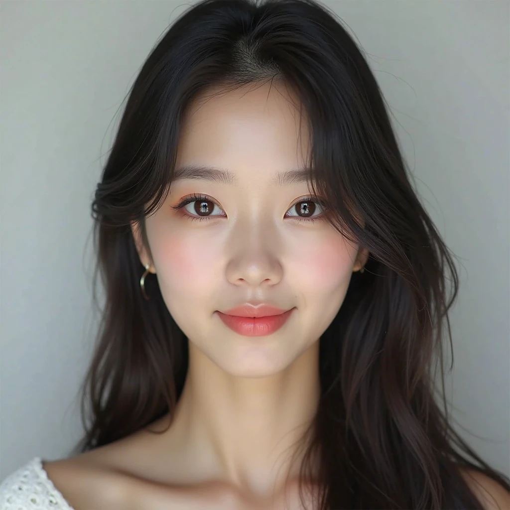 whiteroom, 1 girl, look at the camera, smile, H~I cup, model's expression,big black eyes, wide double eyelids, parallel double eyelids starting from inner corners, high nose bridge, nose positioned higher, small well-shaped mouth, wide mouth, thin lips, smooth fair skin, high cheekbones, symmetrical face, natural eyebrows, droopy eyebrows, slightly thin eyebrows, gentle smile, shiny black hair, straight hair, soft facial expression, well-defined jawline, oval-shaped face, see-through bangs, slightly droopy eyes, round almond-shaped eyes, natural eyeliner, prominent tear bags, very prominent tear bags, healthy cheek color, bright white teeth, well-aligned teeth, moist eyes, dimples, overall impression of gentleness and vulnerability, Tank top, Shiny skin, Sweaty body, Dramatic lighting, Huge breath, (8K, 4K, Best Quality, High Definition, Ultra High Definition: 1.1), (Masterpiece, Realistic, Photorealistic: 1.1),