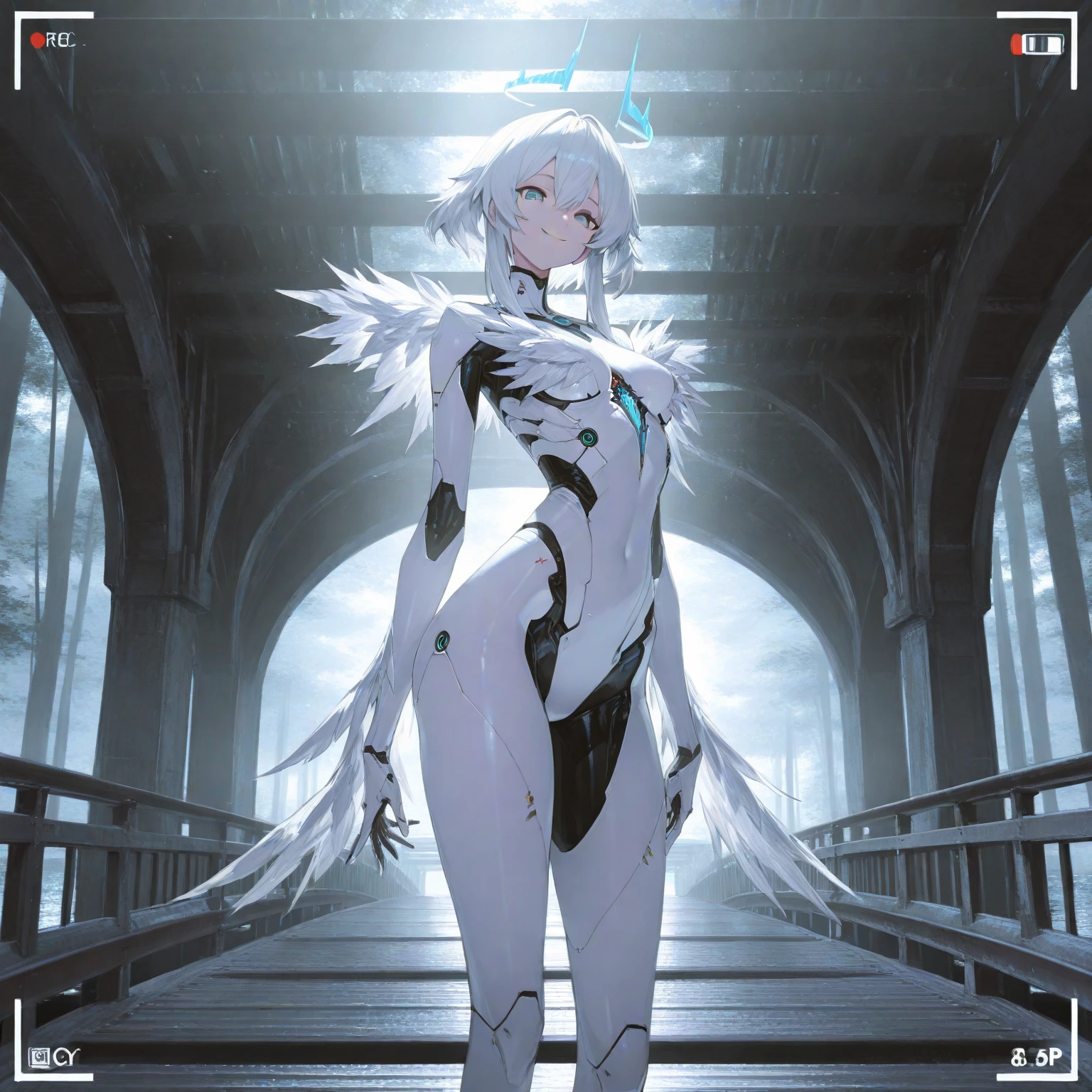 A lovely android woman, obviously mechanical arms and legs, shimmering sheer white gown, backlit eyes) performing ballet with large sweeping movements, spotlight, center stage
