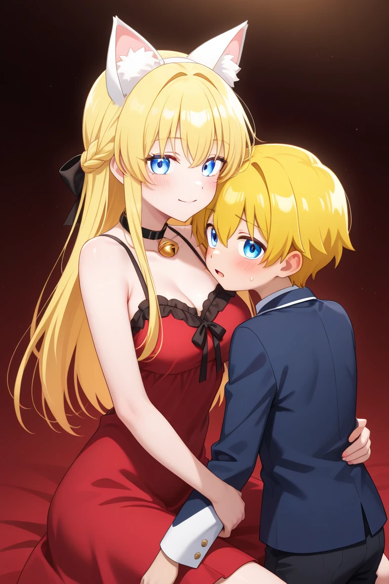 Couple,boy and girl,duo,In studio photos,at night,Lots of poses,romance,smile (girl with long blonde hair,Black dress, short dress,very big breast,red eyes)(boy with short hair, blonde hair,black shirt, black trousers,messy hair,red eyes)