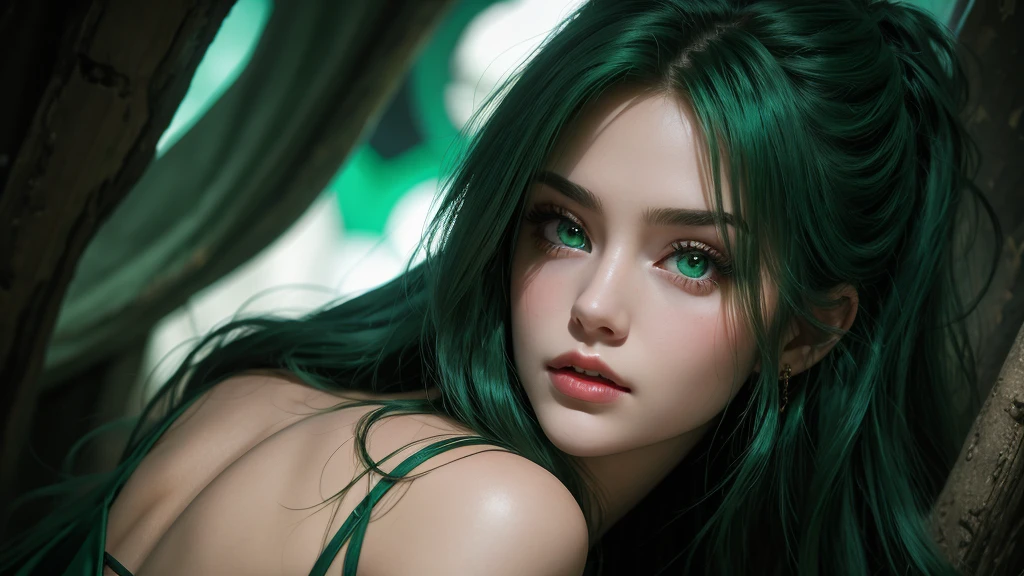 a beautiful woman with long green hair, large breasts, extremely detailed face and eyes, nude, in a sensual pose, highly detailed, masterpiece, 8k, photorealistic, hyperrealistic, cinematic lighting, dramatic lighting, volumetric lighting, vibrant colors, fantasy, anime style, digital art