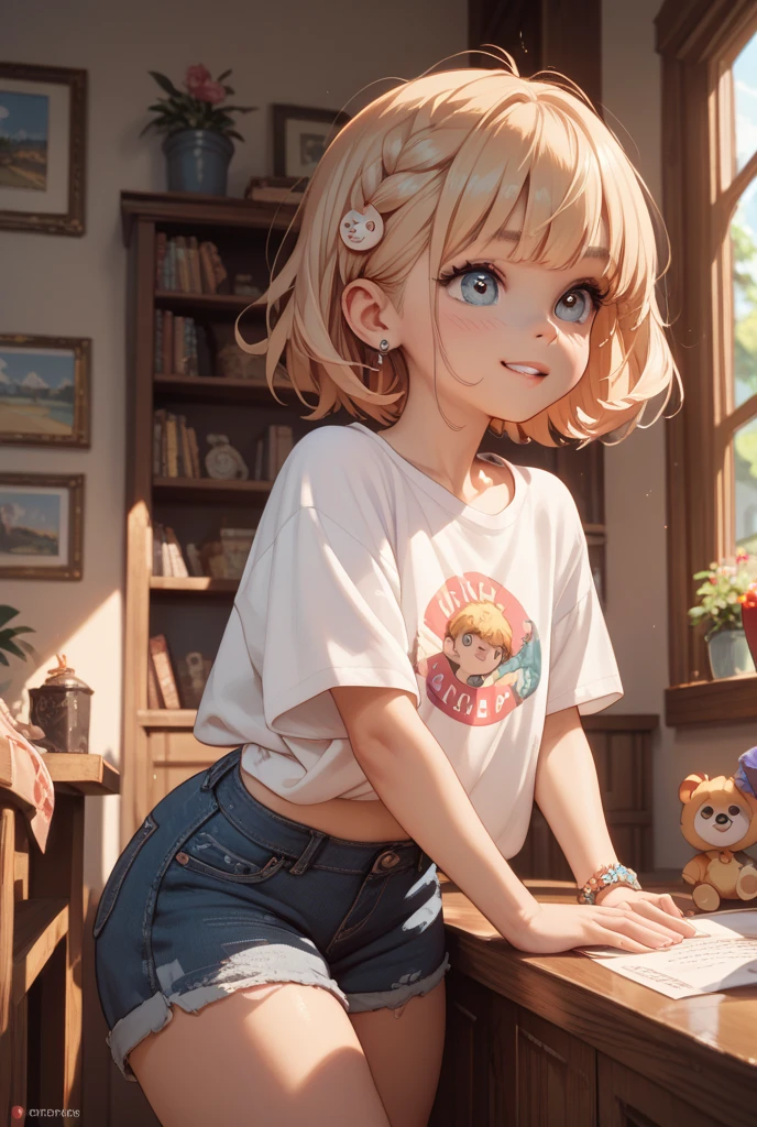(Masterpiece), (Realistic), (best quality), (8K), ultra-detailed, UHD, RAW, Scandinavian (young adult) woman, very cute woman, innocent woman, tan:1.4, round, realistic blonde hair, thin:1.3 arched eyebrows, realistic symmetric {blue:1.2} eyes, thin almond upturned eyes, round:1.4 cheeks, thin beautiful symmetric nose, small face, cheek dimples:1.4, arched chin, broad jaw, 150cm feminine body, wearing ({checkered navy_blue and white} micro mini skirt) and ({white} shirt) and ({red} mini tie), (navy_blue hairband), (white) stockings, socks, thigh highs, friendly and cute expression, at the library, kneeling on the floor looking up, knees apart