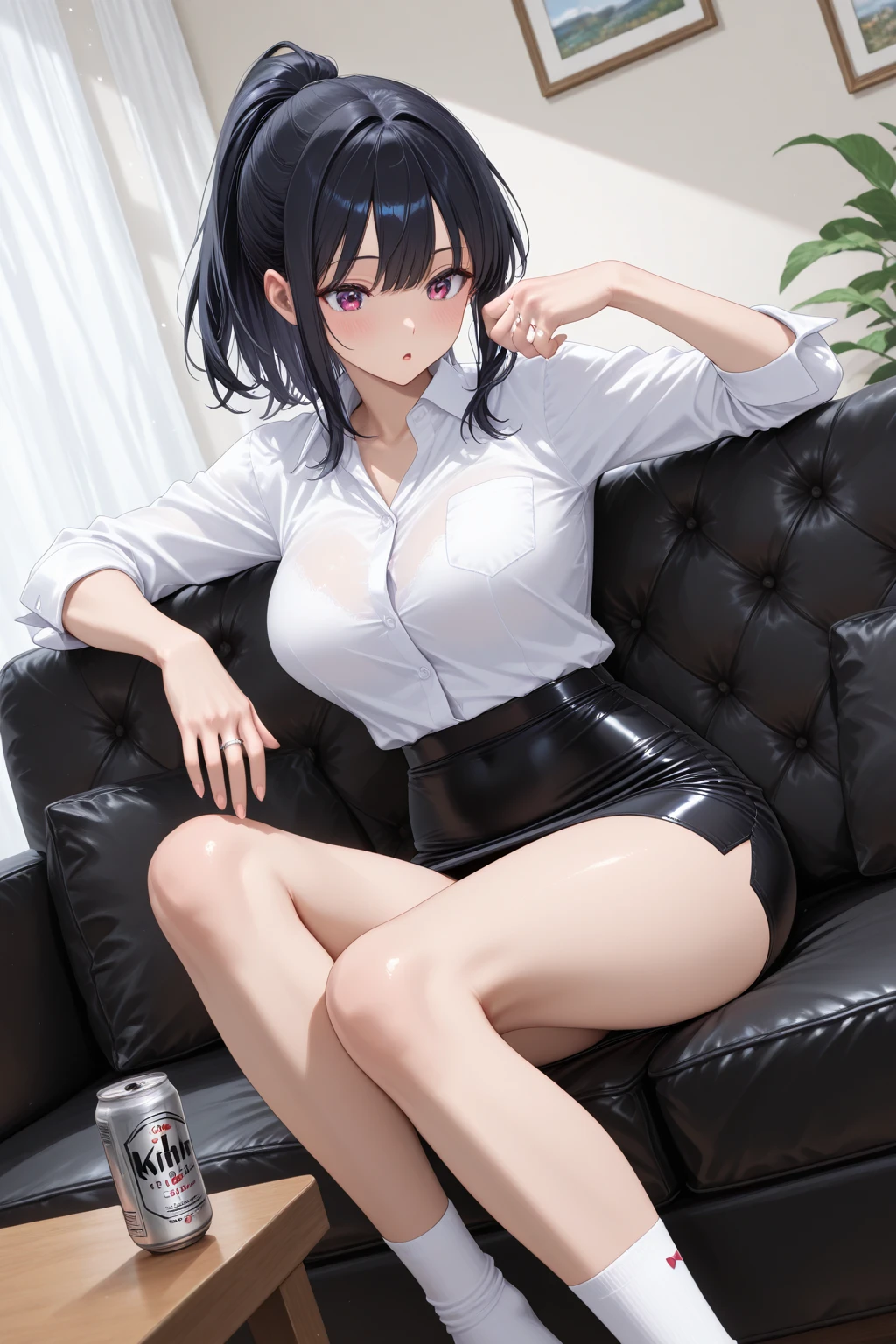 masterpiece, top quality, night, modern city, street, indifferent expression, expressionless, long black hair, light pink lips, calm, triple band, sky blue pupils, , facial details, correct limbs, golden ratio, (NSFW:1.0), 1 young woman with protruding crotch and saliva at the corner of her mouth, wearing a tight shirt, sitting on a chair, opening her thighs to reveal red panties, tightly strangled by panties, revealing a shy expression, blushing, smiling.