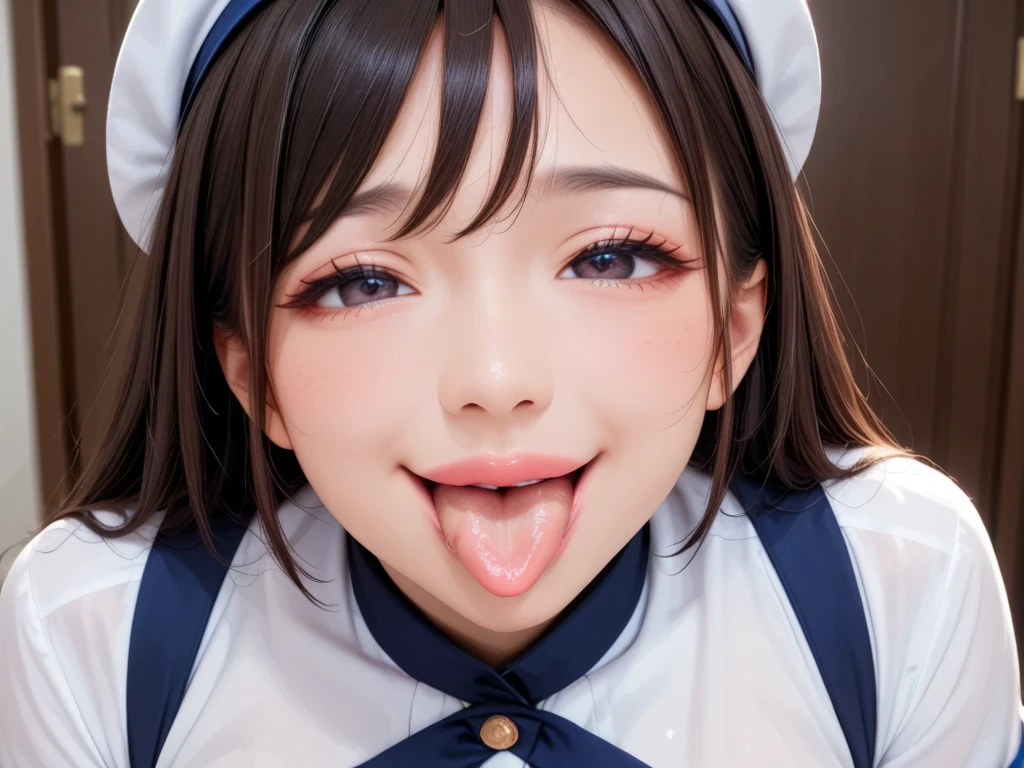 nurse cosplay,nurse outfit,(open mouth:1.5),(tongue out:2),lying,finger to chin,overhead shot,front view,face focus,(1girl,Beautiful 14 year old girl,teenager),((Slender,Small breasts,Small face,)),(looking at viewer),Black Hair,bangs,one side up,Beautiful and detailed,(Dimly lit room:1.5),White bed,pillow,Mischievous smile