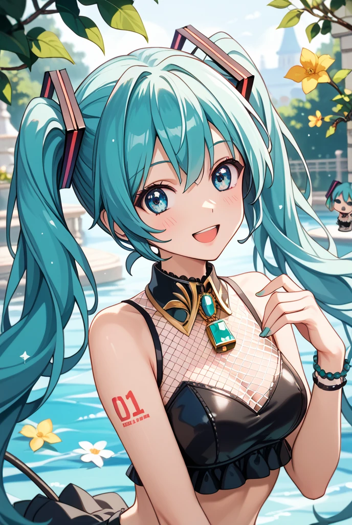(masterpiece, best quality), 3 elven girld, ( collar bone, bare breasts, nipples, navel, clotch, thigh), view from side, (light blue hair, twin tails ,very long hair is floating ), hair between eyes, multi colored hair,hair flower ornament ,blush, aqua eyes, superb smile , large breasts,(bare lower half of body ),japanese ryokan , walking, having a chat , light aqua color of yukata , light green color of yukata, light pink color of yukata, open yukata,((((open front of the yukata wide )))), unbuttoned ,while walking ,no yukata obi, no lower yukata, no bottom ,no lingerie ,no underware