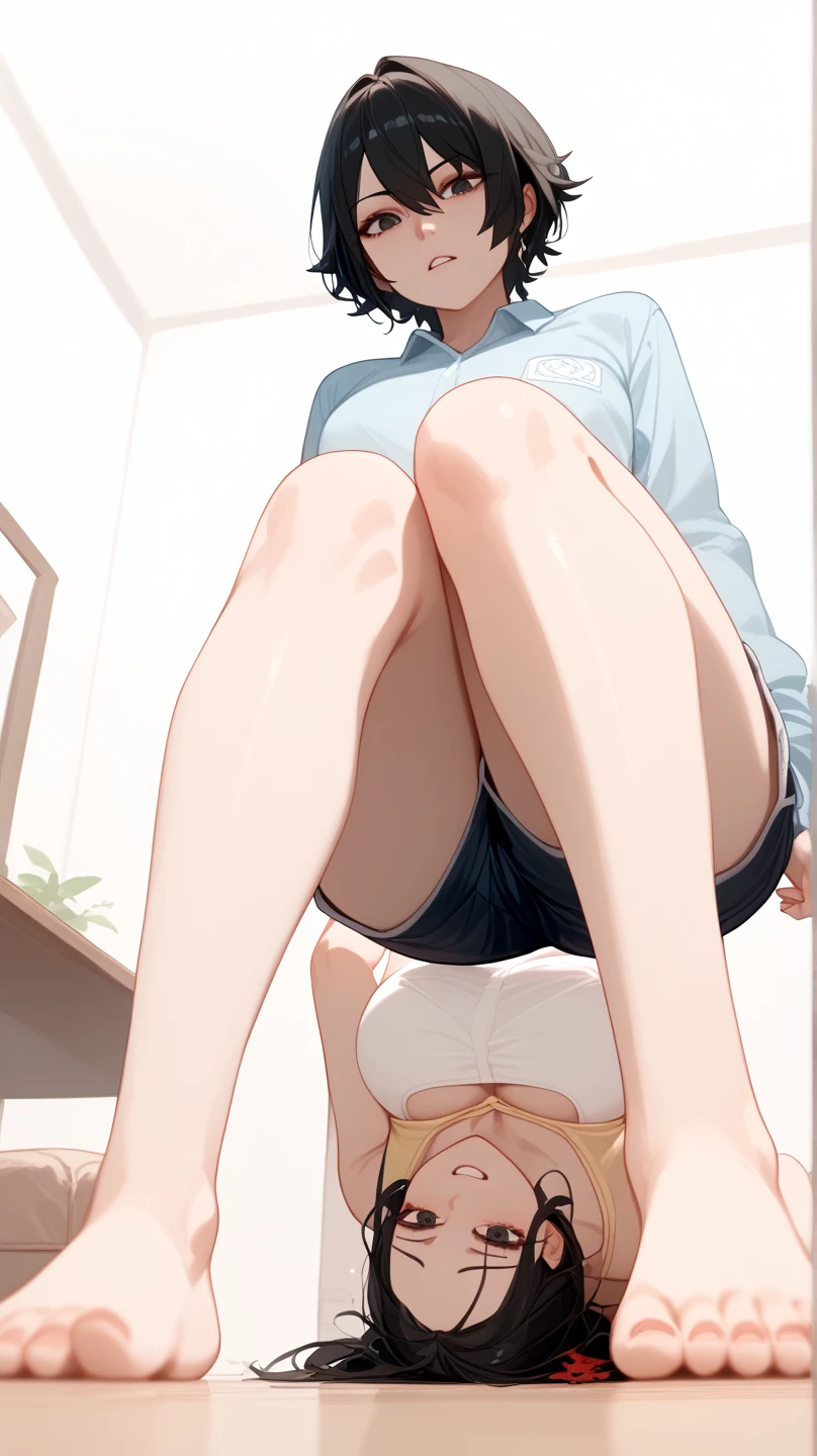 ((Medium Shot)), beautiful girl, underweight, very short hair, (wear a white long-sleeved T-shirt), (white bikini panties) , Perfect hands, Perfect body, put her feet on the table., (bare foot), (looking away), ((Exquisite detail)), Very finely crafted fingers(((10 fingers))), , (Full-body showcase), (Show your whole body), (No logos on background), (No logo), The camera frame is taken from below.,