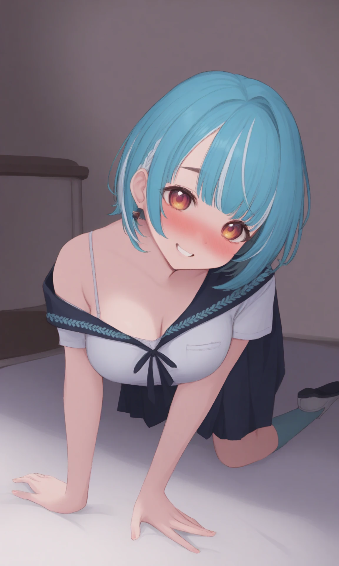 1 Cute naughty ninja girl, Pastel colors hair, medium breasts, (Thighs, fishnet pantyhose), short hair, (dark blue hair:1.2), (naked:1.3), (forehead:1.2, bangs pinned back, asymmetrical bangs, hairclip, side ponytail:1,2), standard height, (Serious, Large eyes, yuruyuri), at the adventurer's guild, A bulletin board with posted paper, nfsw, sweat, (cum in vaginal:1.3), vaginal sex