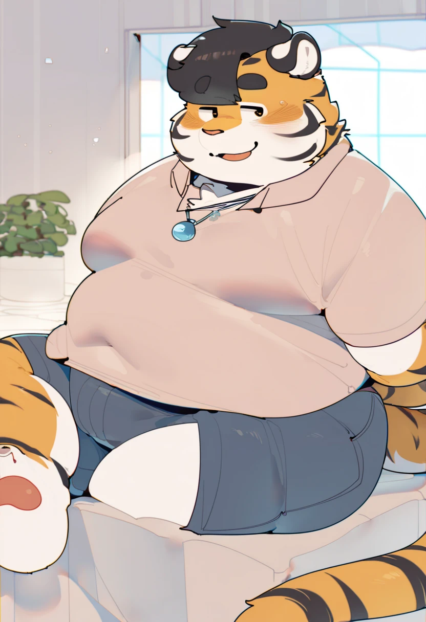 (((detailed eyes, detailed face))), (anthro, tiger, black eyes), male, (solo), (plump, chubby, belly, overweight), (white briefs <lora:bulge_brief_cum_xindigo_v2:1>, erection under briefs, cum in briefs, bulge <lora:pantybulge0409:0.5>, topless), sitting, arms behind back, smile, photorealistic, hyper realistic, ultra detailed, bedroom, light environment, 8k, UHD, masterpiece