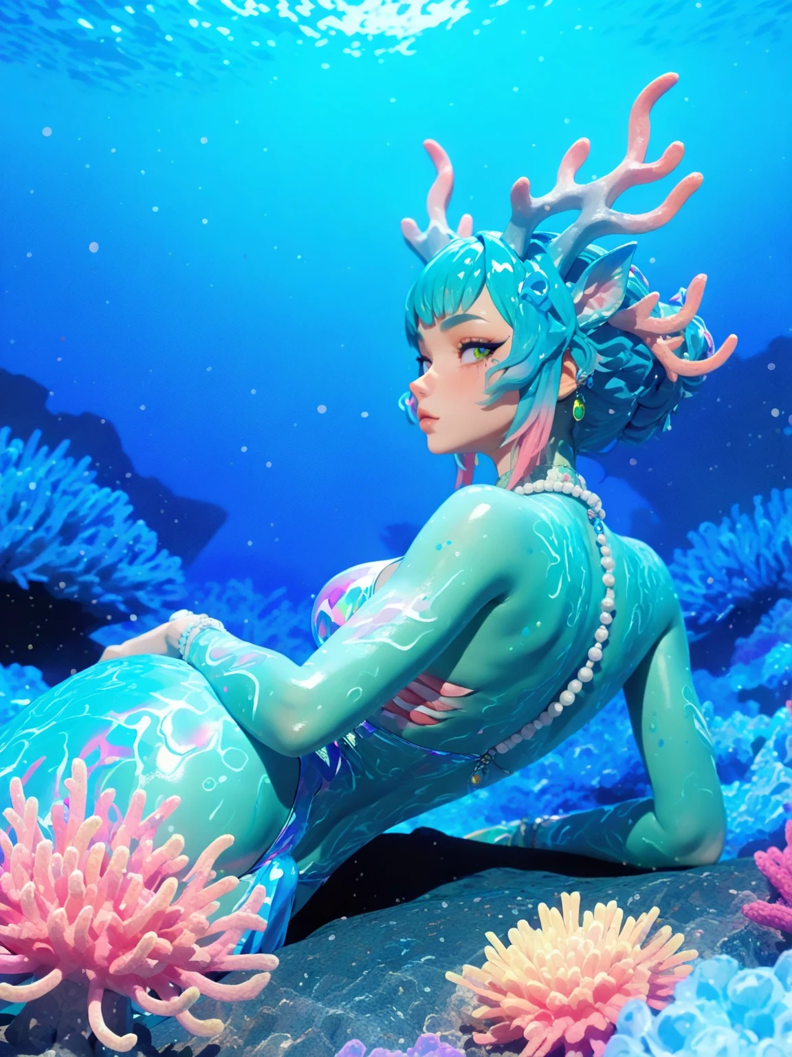 (masterpiece), (best quality:1.2), absurdres, [:intricate details:0.2], Under the sea, blue eyes, large breast, scales, a beautiful Little (Mermwims gracefully with her bright red hair flowing behind her, surrounded by schools of colorful tropical fish, coral reefs, and sea anemones. The vibrant hues of blues, create a surreal and magical underwater world that leaves the viewer in awe,